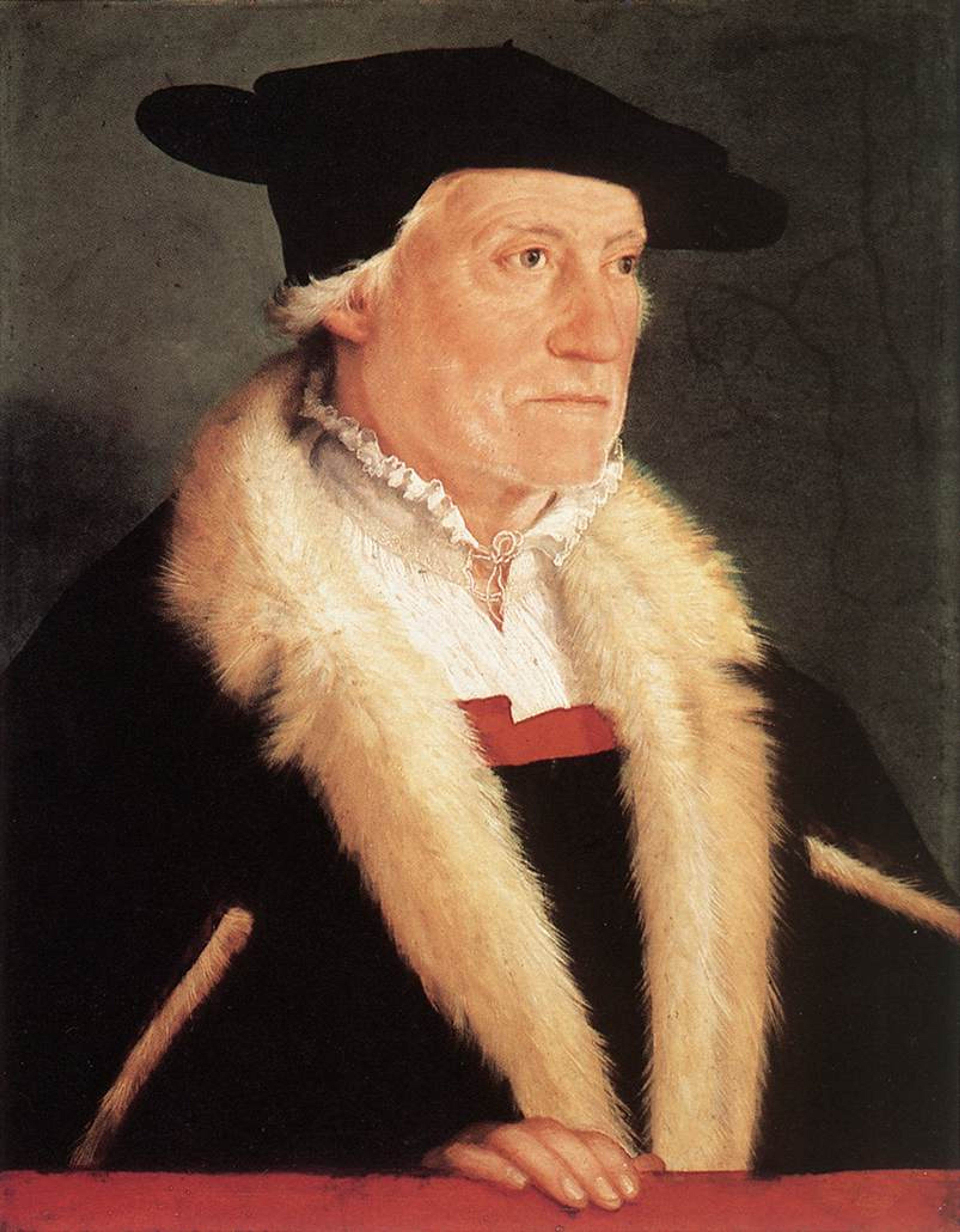 Colourful side profile portrait of Sebastian Münster, a man looking away to the left and wearing a hat.