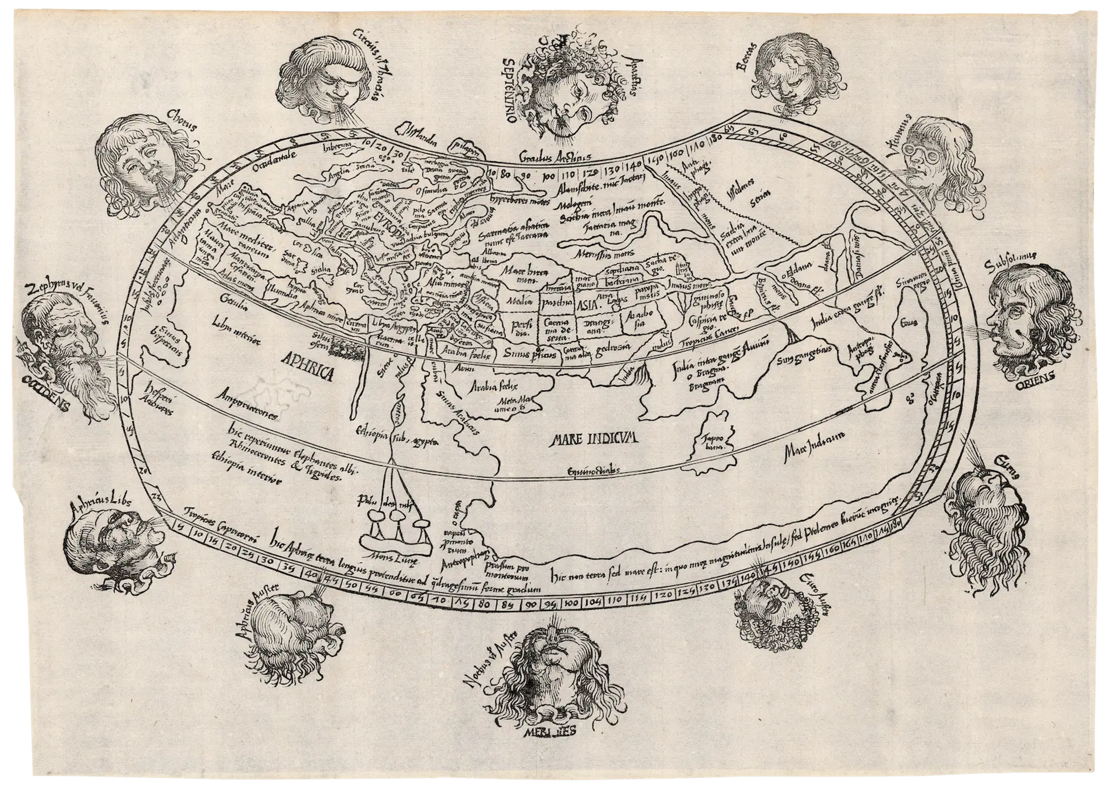 Reisch's Windhead Map showing lands unknown to Ptolemy