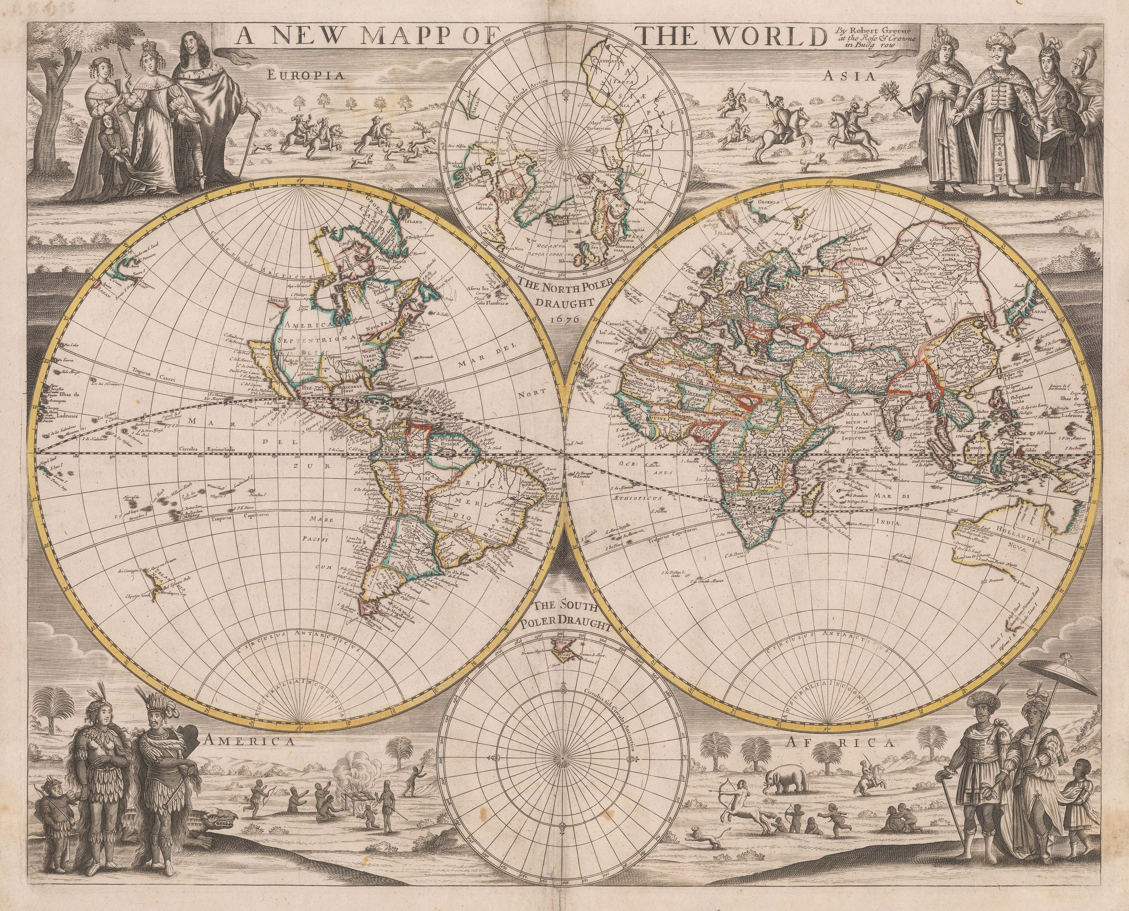 Robert Greene's 'A New Map of the World', double-hemisphere world map, largely in black and white with some added colour by hand.