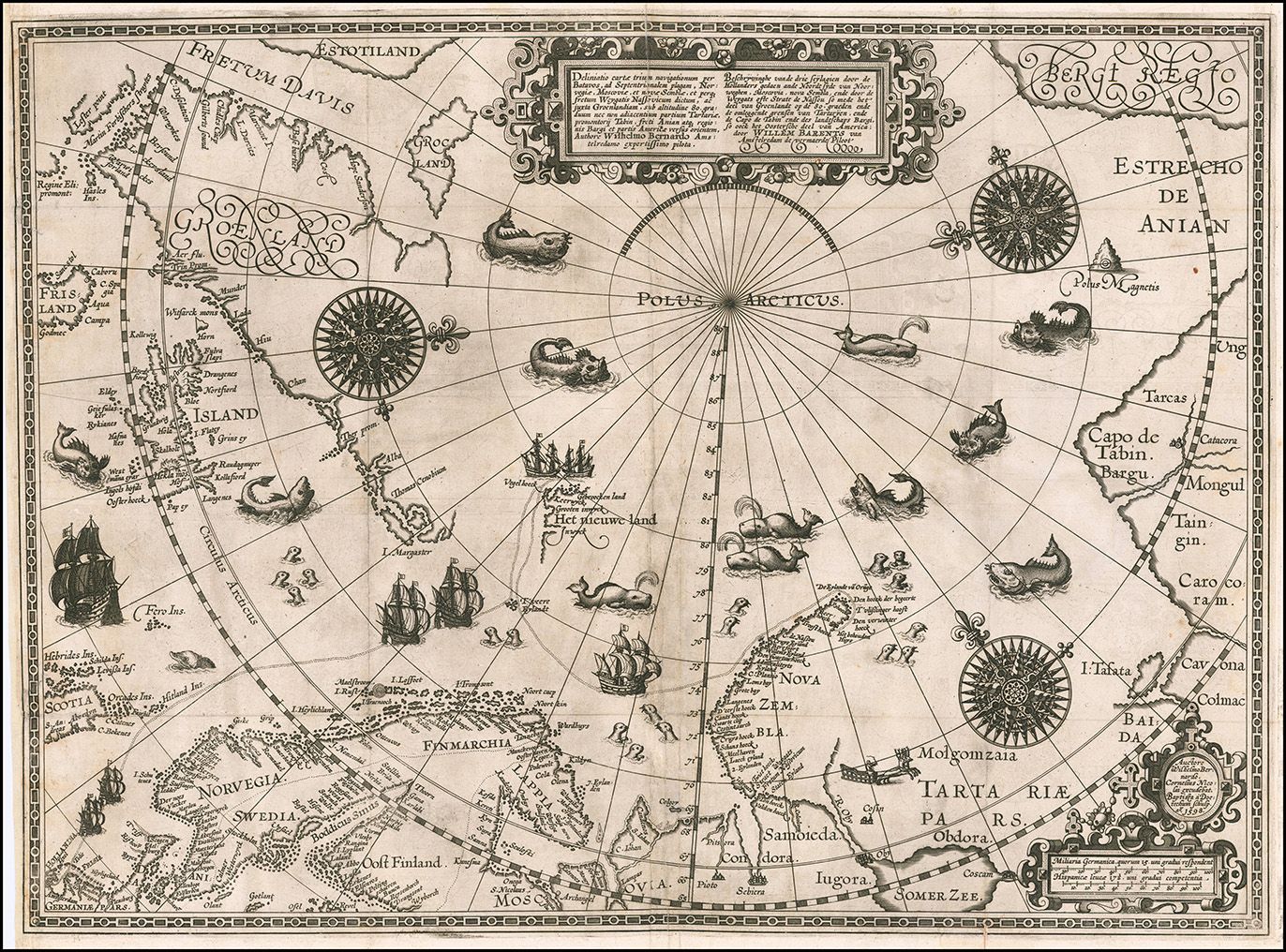 Black and white engraved map of the north polar regions. The North Pole sits just off centre and lines of longitude radiate out from this point, and lines of latitude create concentric circles around the pole. The map extends to show the northern reachs of Canada, Greenland, northern Europe and Scandinavia, and northern Russia. The map is covered in chamring illustrations of sea monsters, ships, and animals like polar bears and seals. There are three very decorative compass roses all pointing due north.