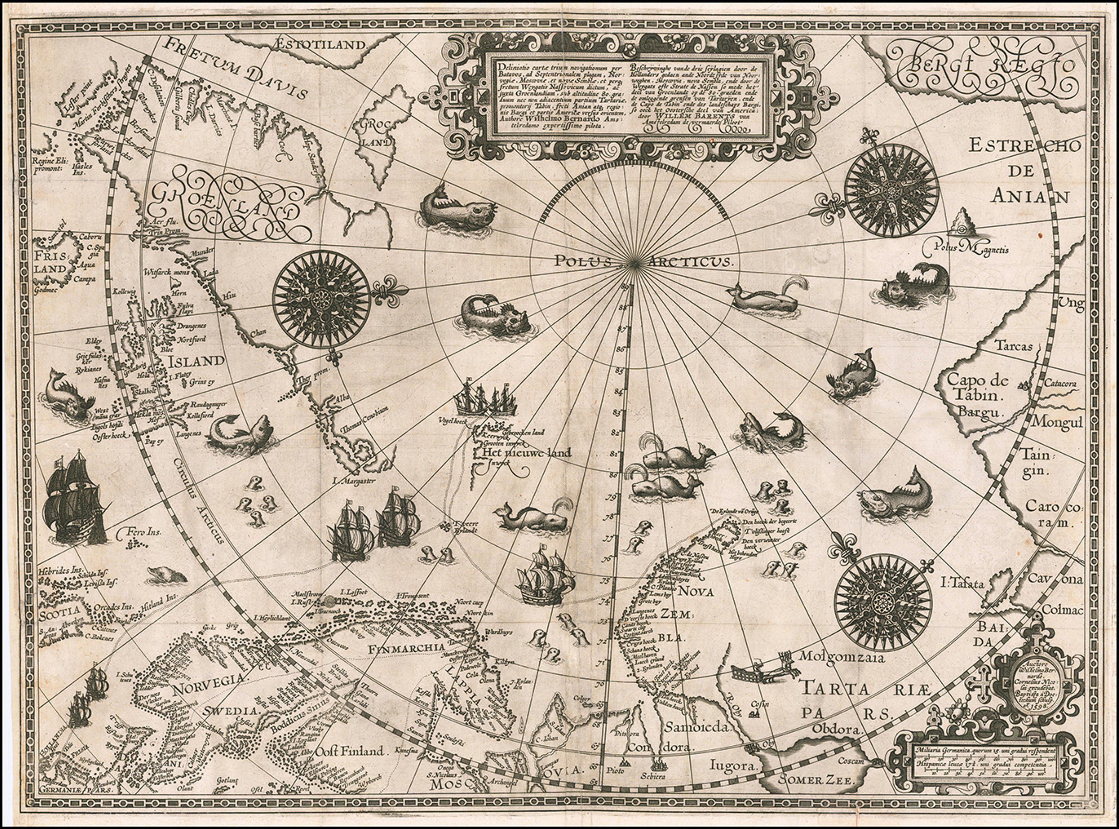 Black and white engraved map of the north polar regions. The North Pole sits just off centre and lines of longitude radiate out from this point, and lines of latitude create concentric circles around the pole. The map extends to show the northern reachs of Canada, Greenland, northern Europe and Scandinavia, and northern Russia. The map is covered in chamring illustrations of sea monsters, ships, and animals like polar bears and seals. There are three very decorative compass roses all pointing due north.