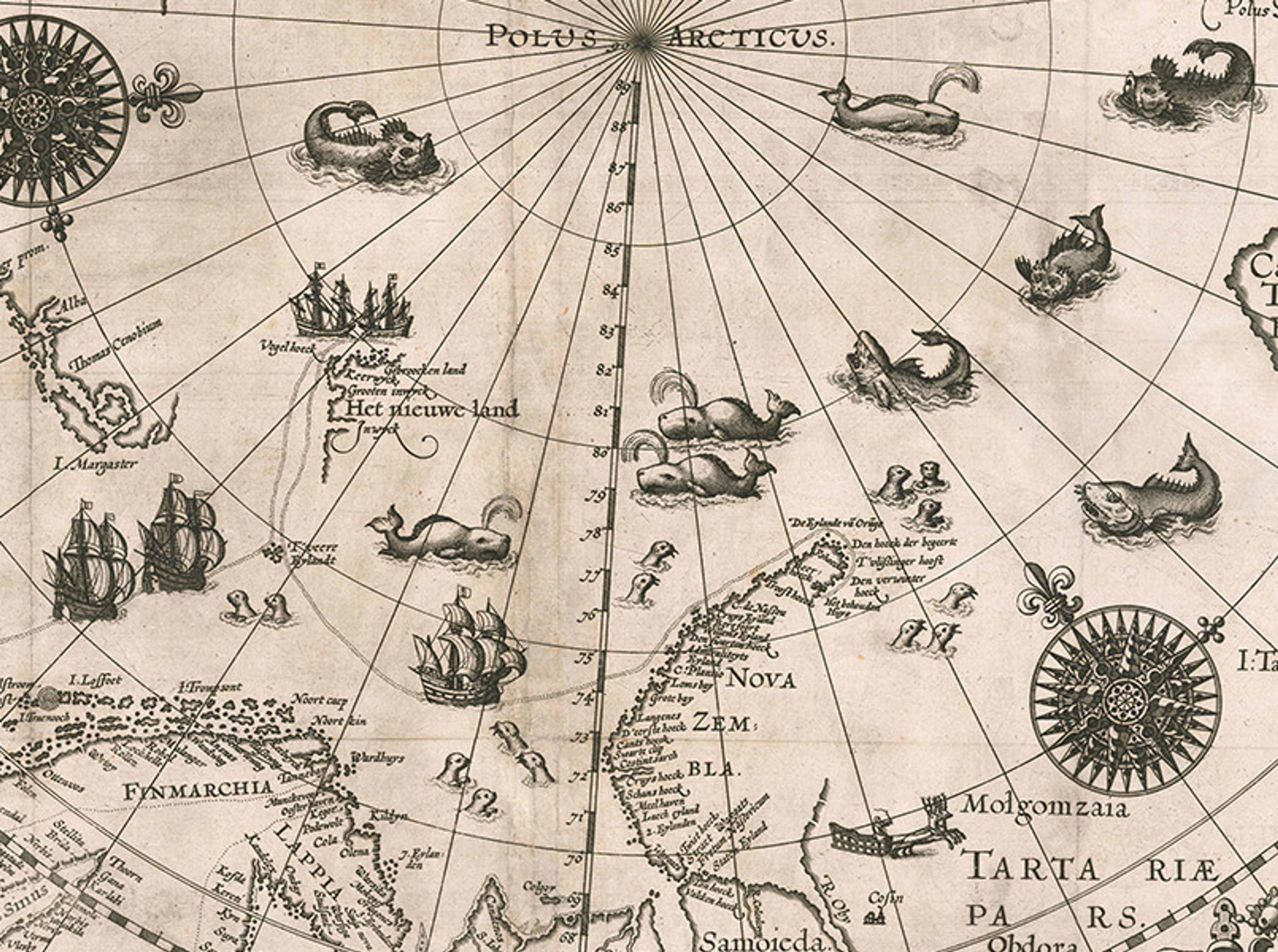 Black and white engraved map of the north polar regions. The North Pole sits just off centre and lines of longitude radiate out from this point, and lines of latitude create concentric circles around the pole. The map extends to show the northern reachs of Canada, Greenland, northern Europe and Scandinavia, and northern Russia. The map is covered in chamring illustrations of sea monsters, ships, and animals like polar bears and seals. There are three very decorative compass roses all pointing due north.