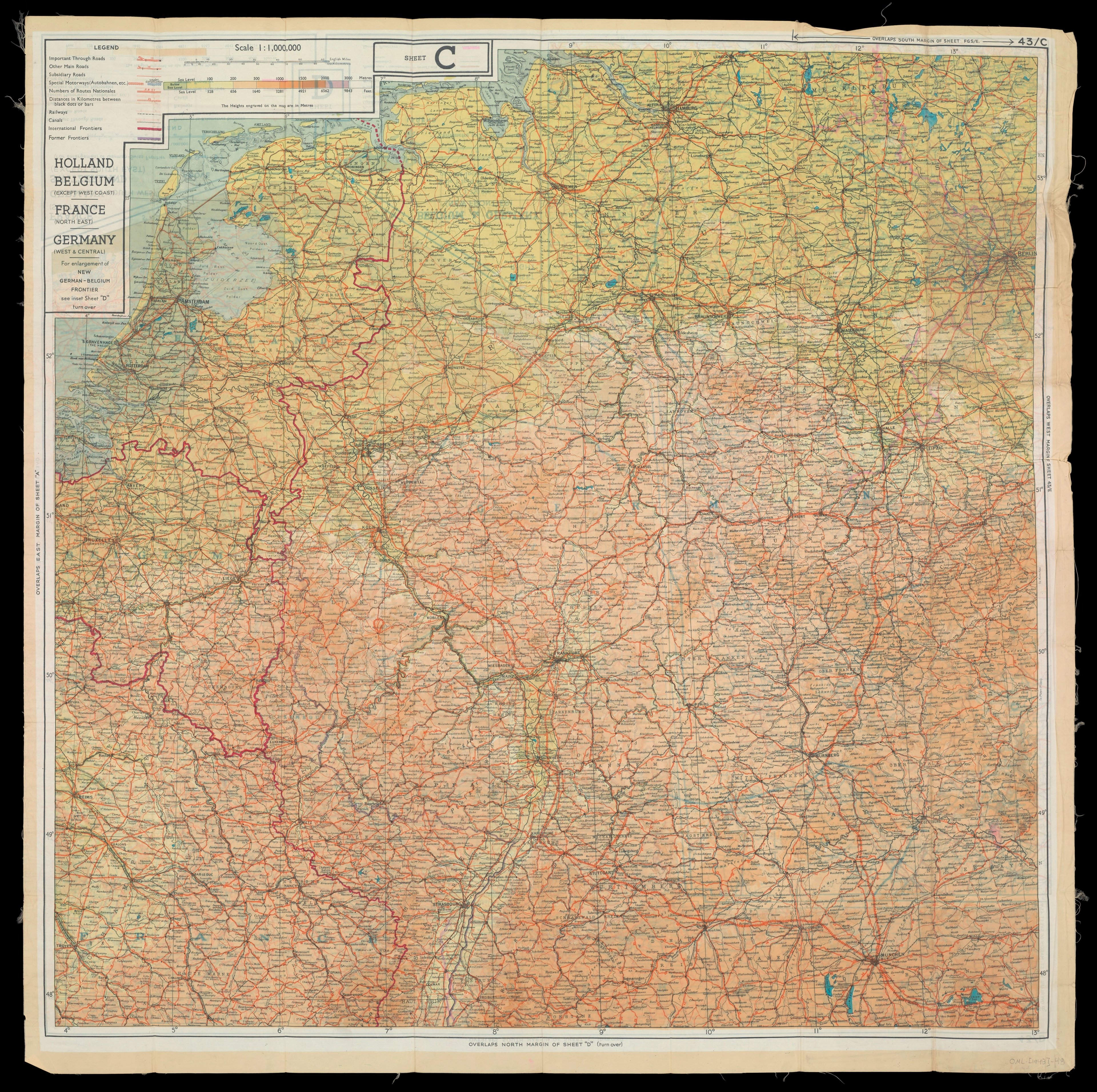 Sheet 43/C: Silk map covering northwestern Europe (1943).
