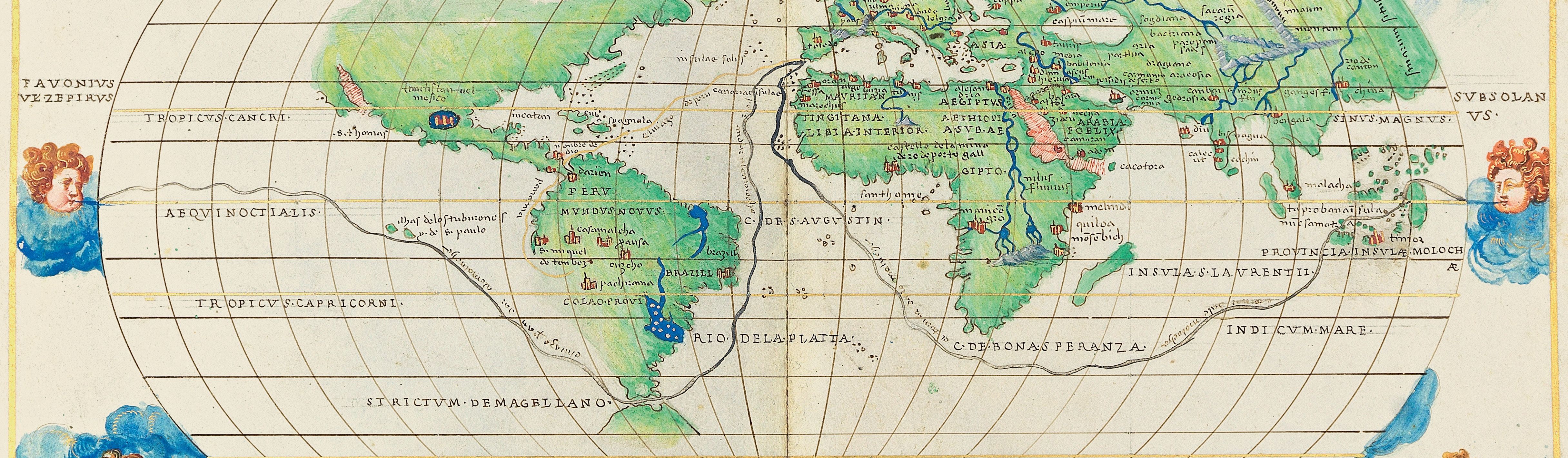 Detail of the centre of Agnese World Map (1550). The world map shows the continents in a lush green and some small details like major settlements (red) and rivers (blue) are picked out. This map shows wind heads at either end of the map and ship's route runs from one side of the map to the other.