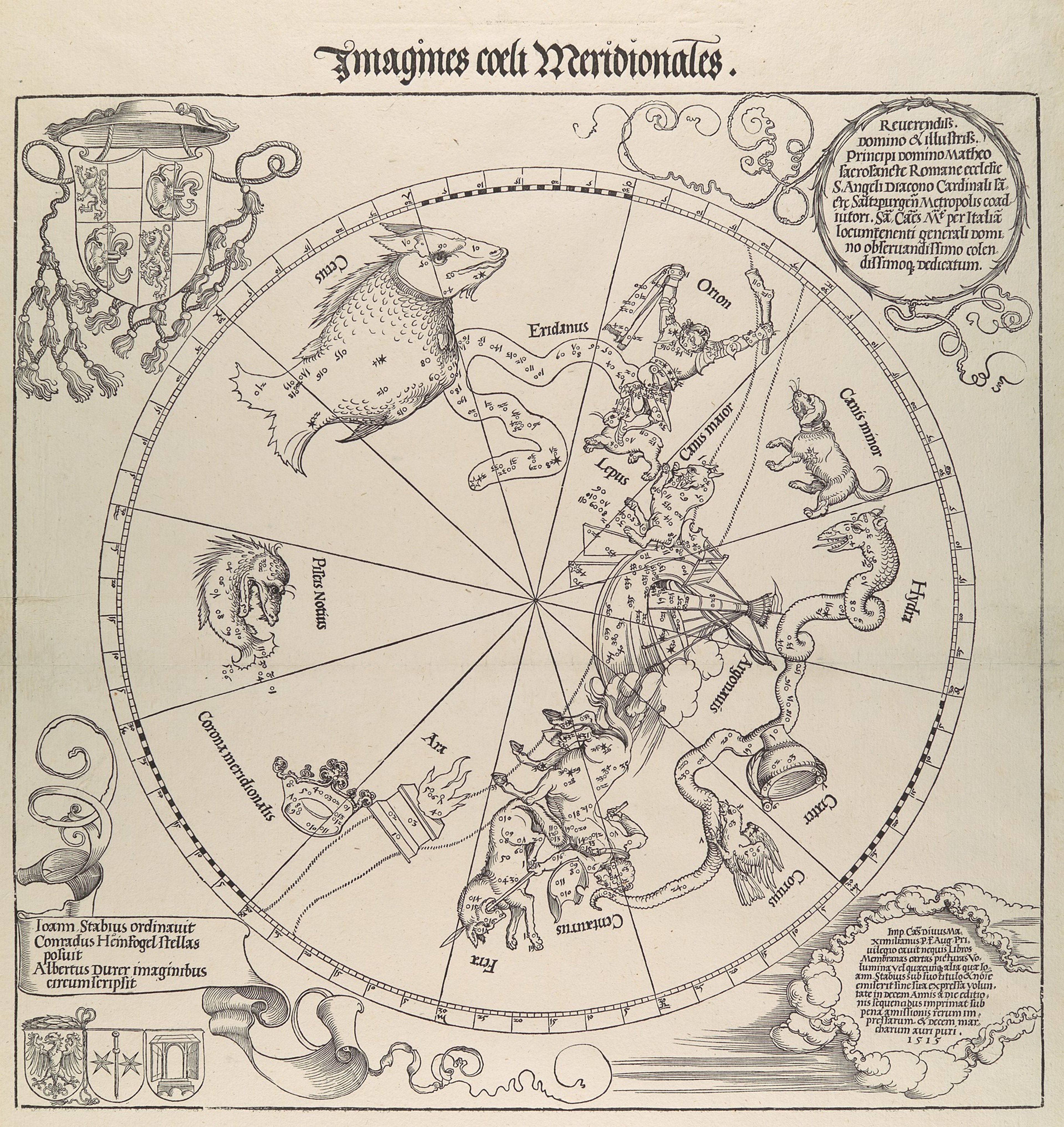 Black and white woodcut star chart showing the southern hemisphere.