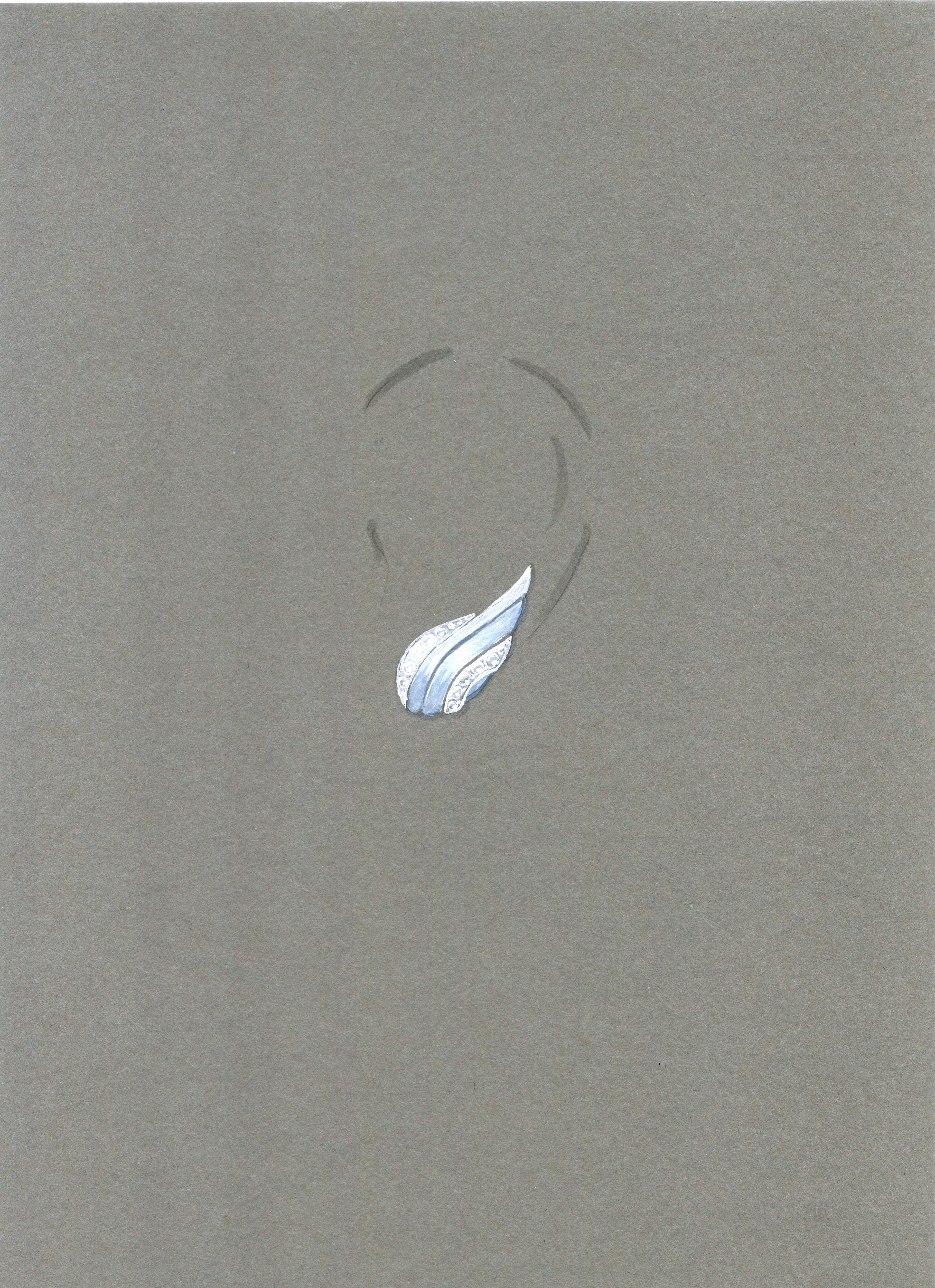 Detailed hand-drawn illustration of a wing-shaped earring on an outline of an ear. The earring is sliver to emulate platinum, and features two rows of pavé dimaonds.