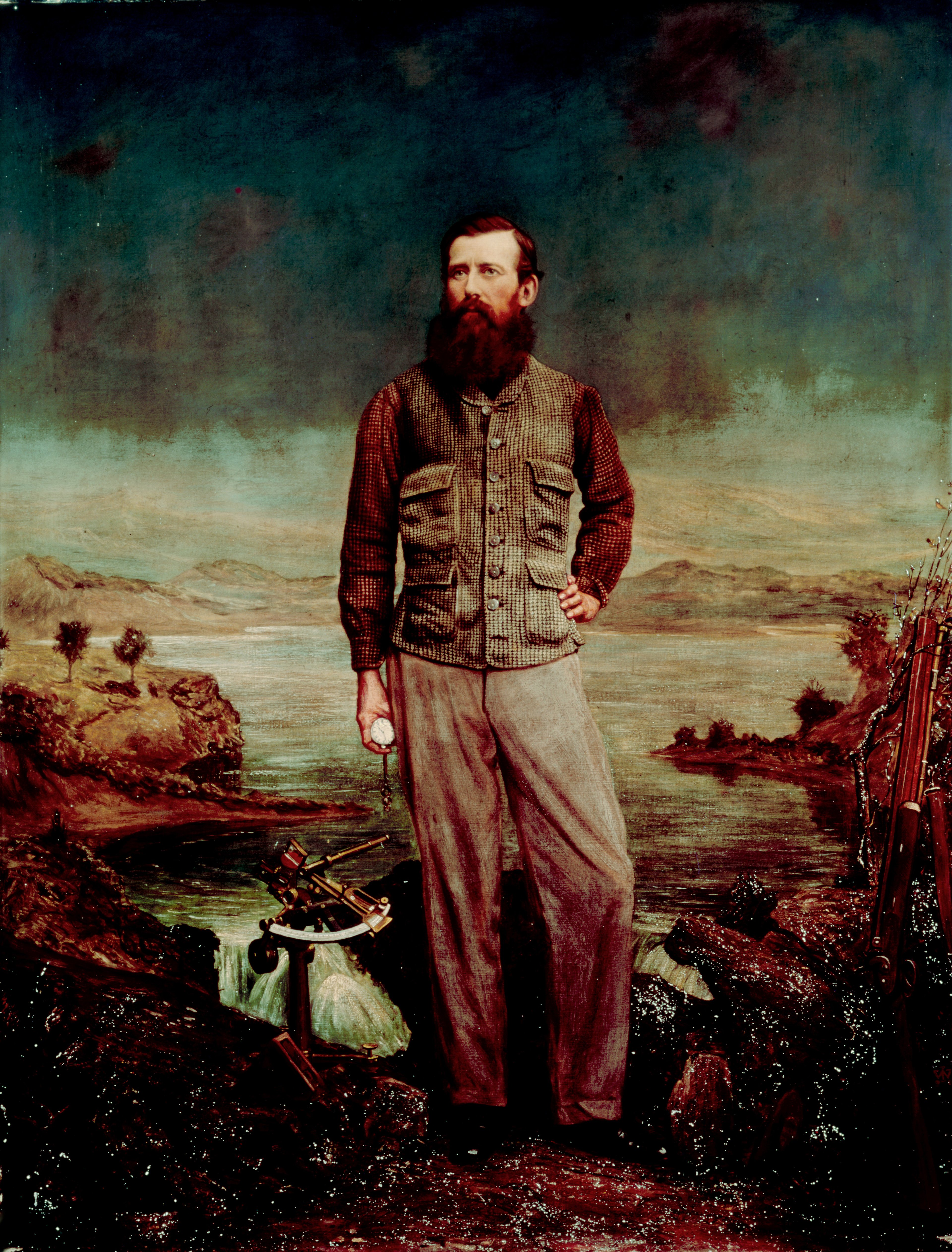 Brightly coloured painted portrait of explorer John Hanning Speke, a white map with short cropped brown hair and a long brown beard. He is wearing a tweed utility jacket and brown trousers. He is standing in front of a painted scene of a Lake Nyanza where he found the source of the River Nile. Next to him on his left is a brass sextant