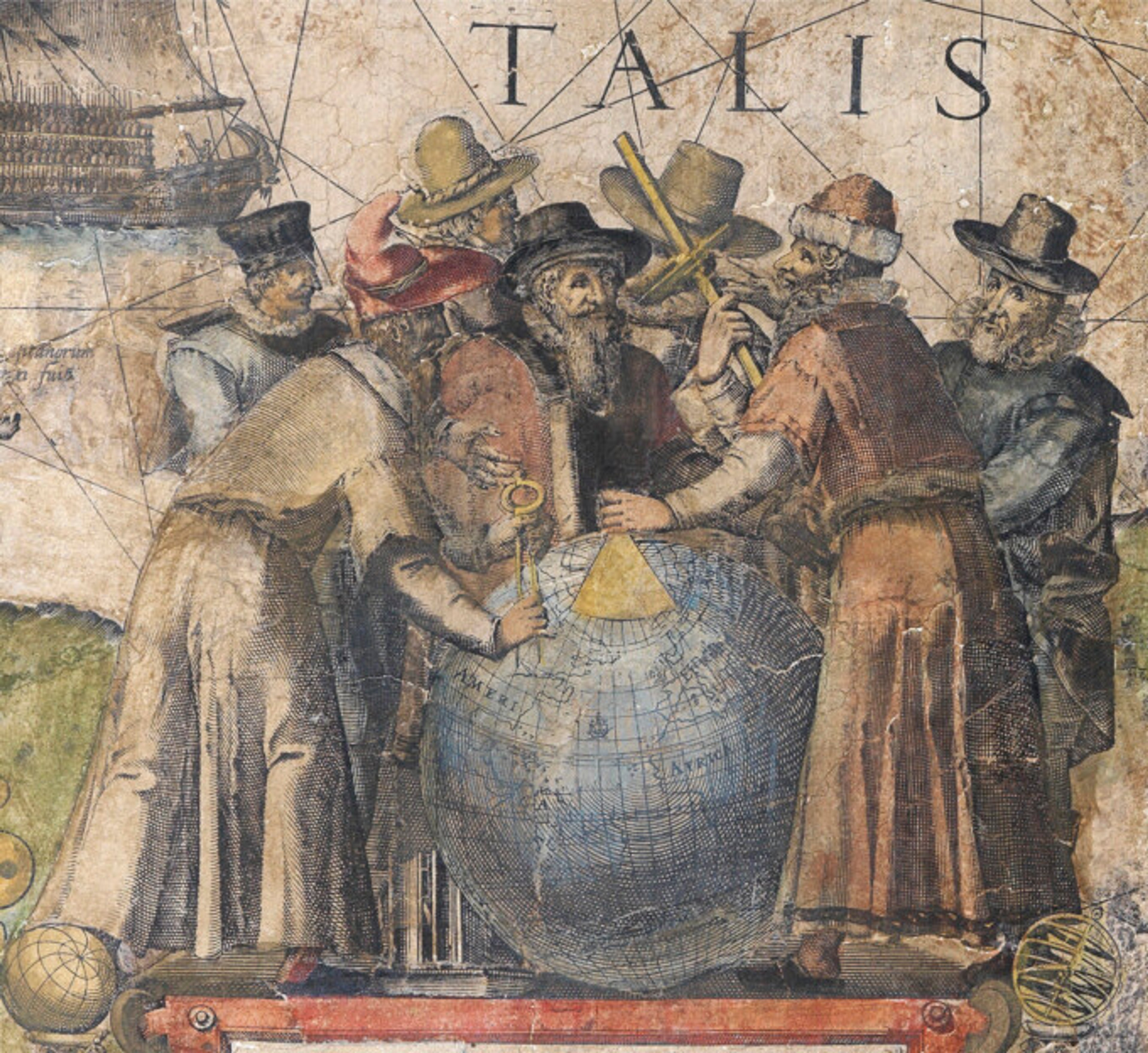 Seven men gathered around a large globe, with the backdrop of a map behind them.