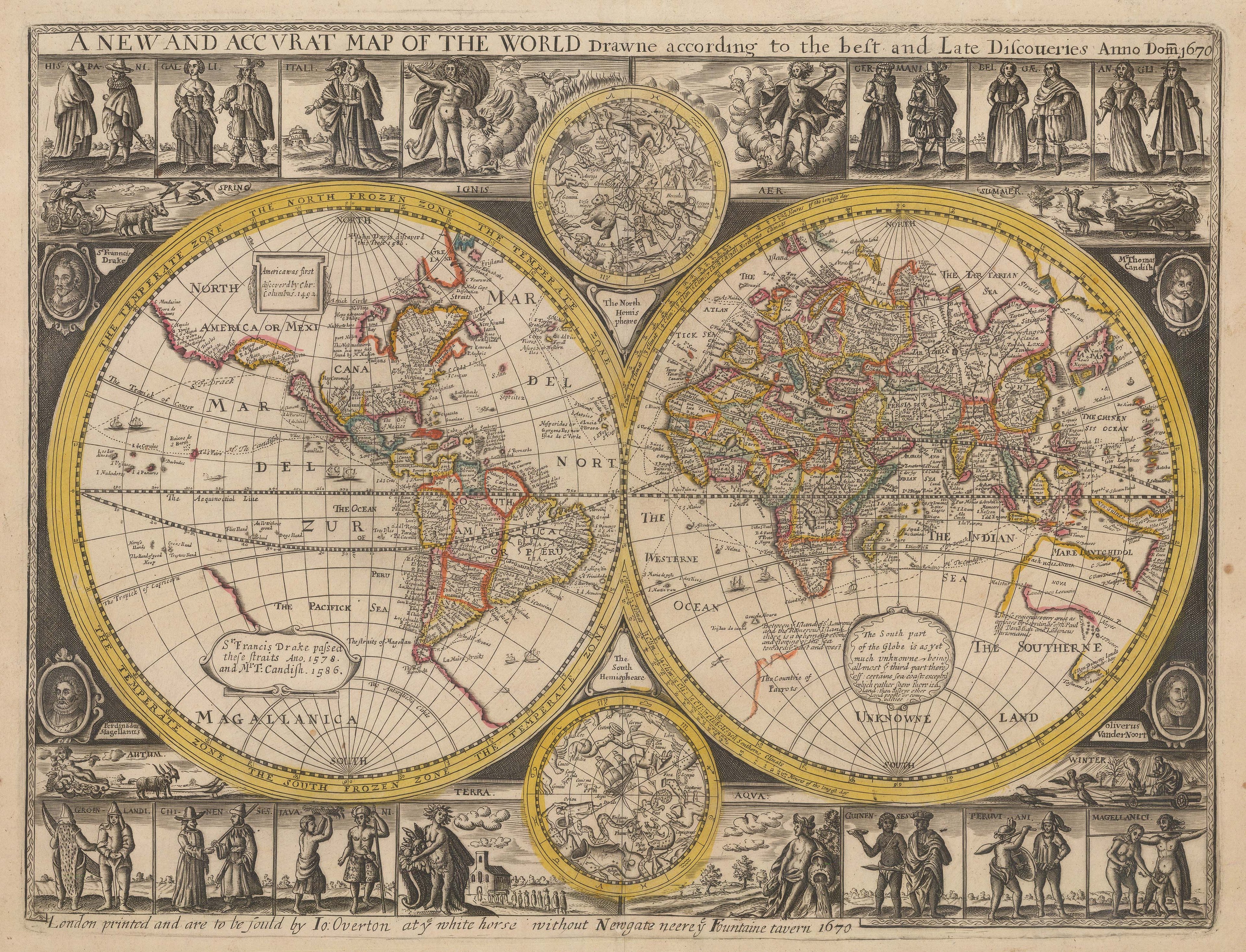 Preview of Peter Stent's double-hemisphere world map, elaborately embellished with top and bottom borders and text that reads: A new and accurate map of the world drawn according to the best and late discoveries