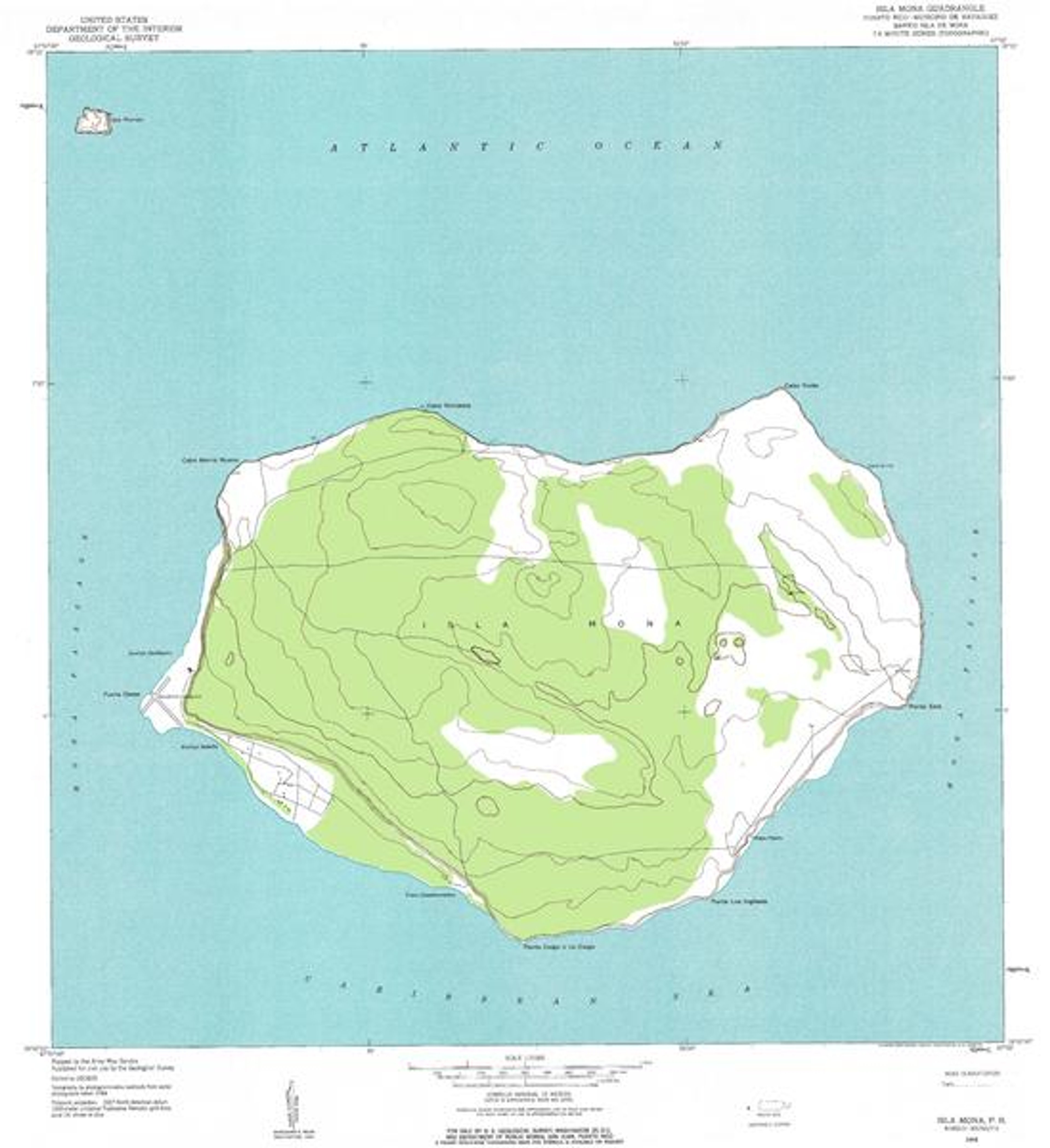 Simplified physical map of Isla de Mona in the Atlantic Ocean / Caribbean Sea, surrounded by a white border including text, key and scale markers.