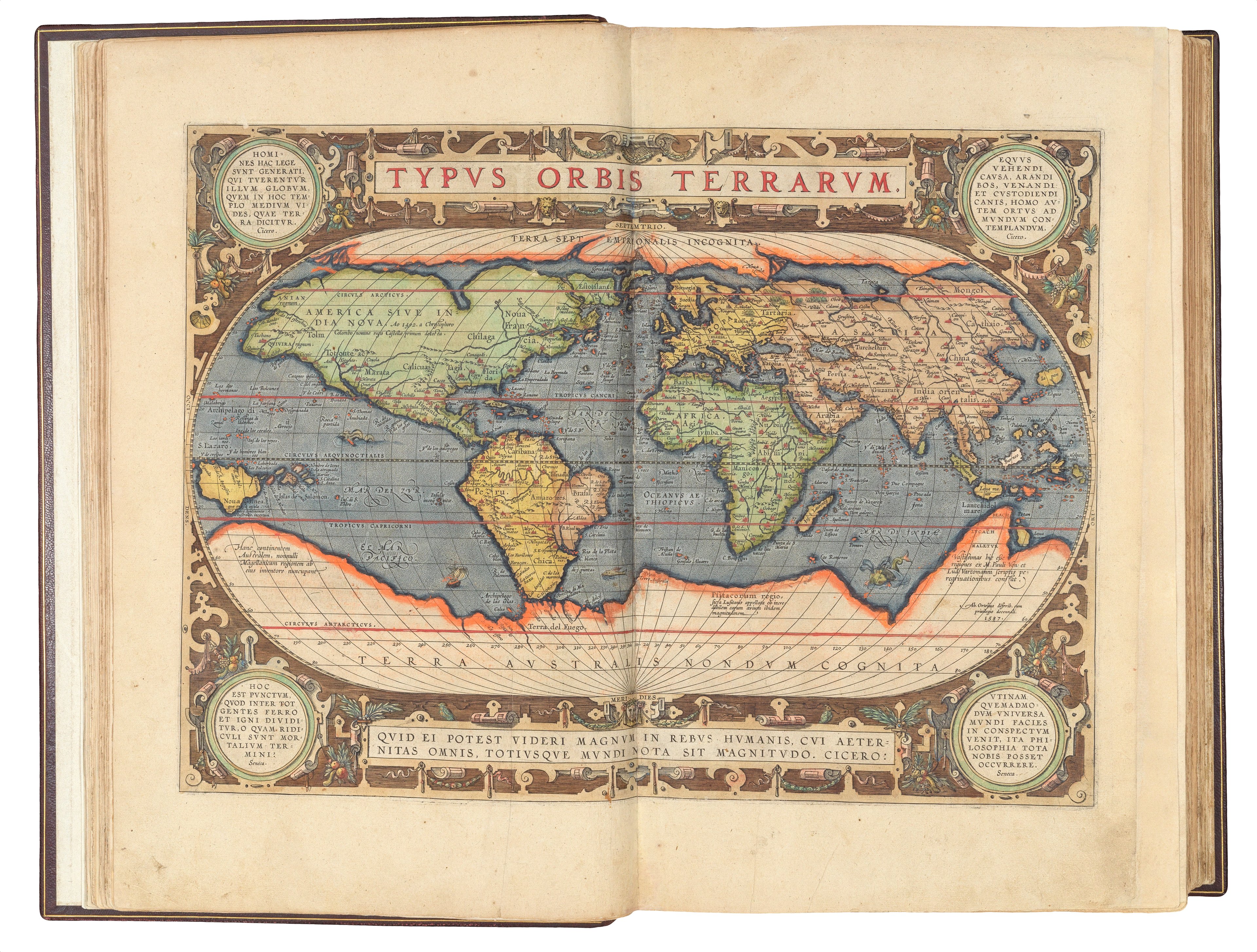 Preview of Hieronymous map of the world, embellished with ornate illustrations and text above the sphere which reads: Typvs Orbis Terrarvm