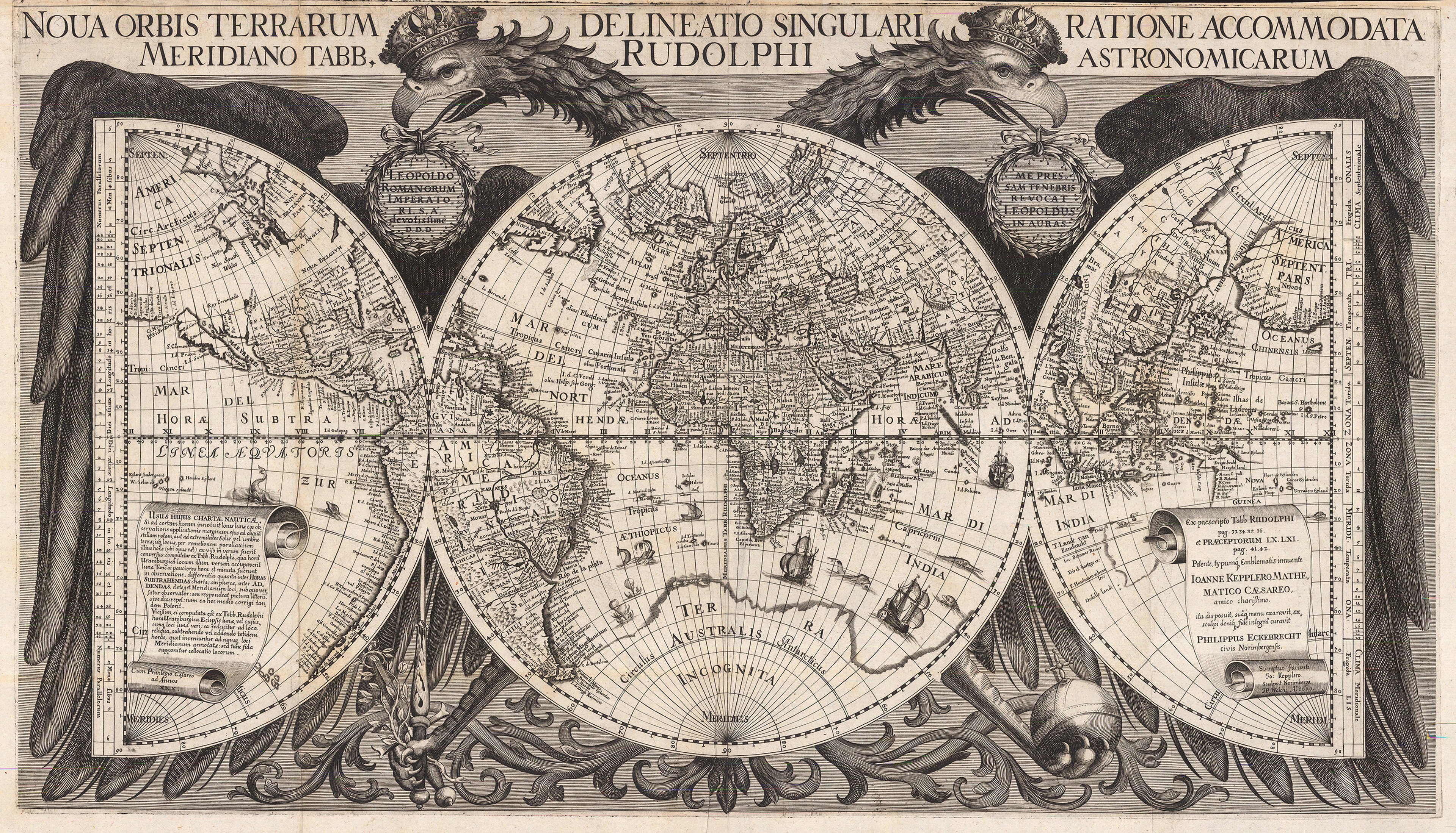 Engraved bifurcated map of the world with a double headed eagle