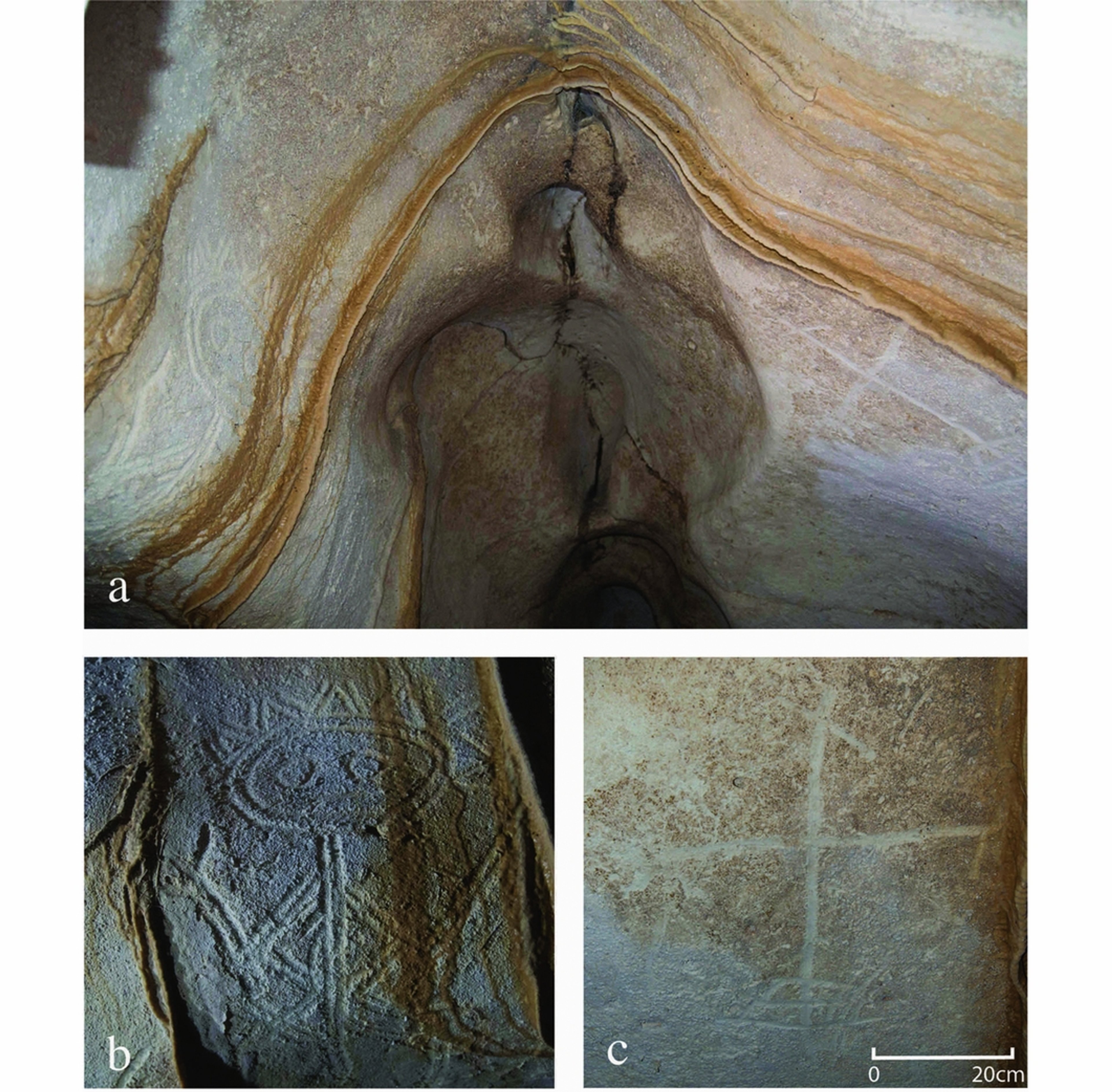 Christian cross in a niche of cave 18, directly facing an indigenous ancestral figure.