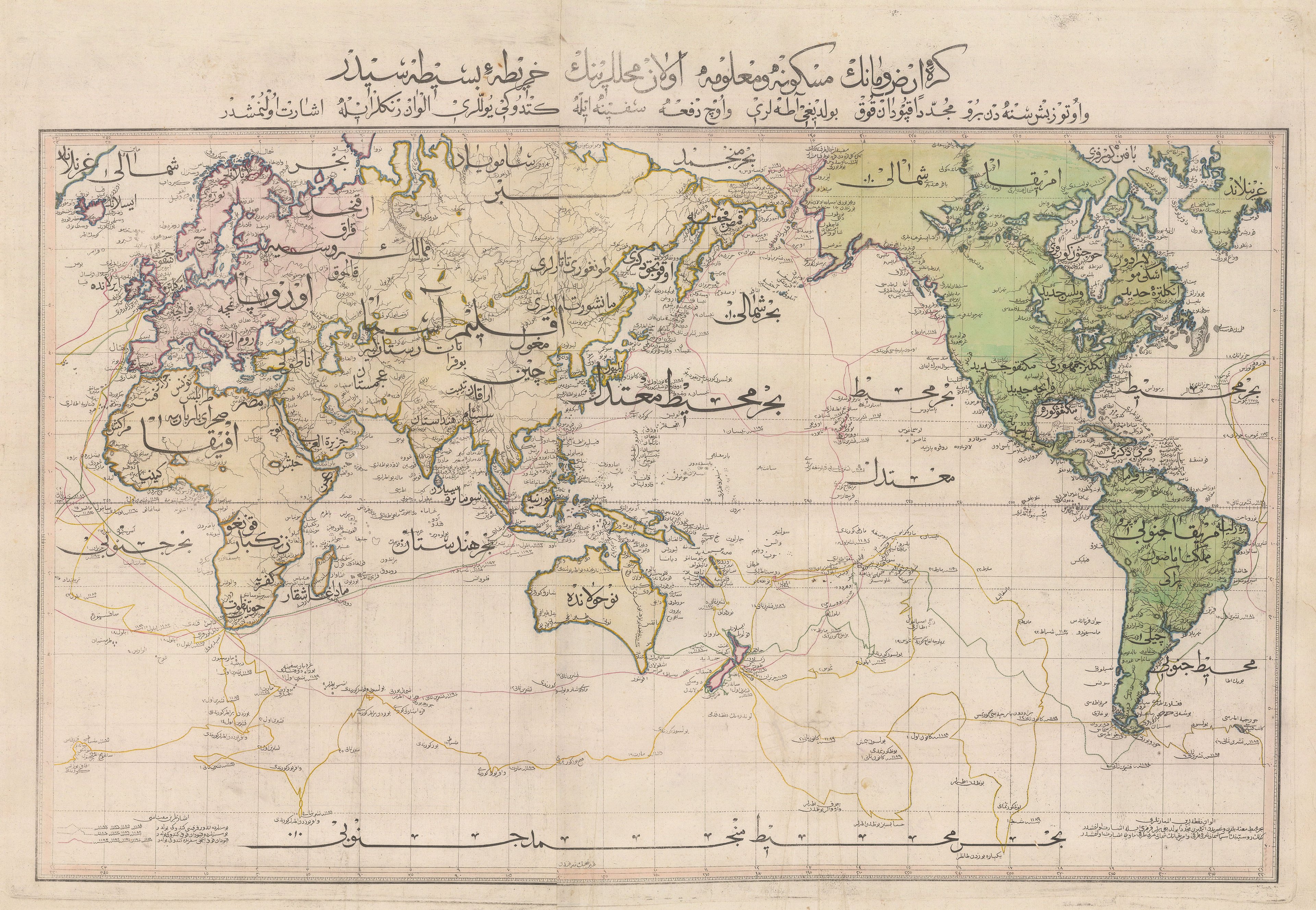 Mahmud Raif Effendi, World map on Mercator’s projection from the Cedid Atlas Tercümesi, 1804