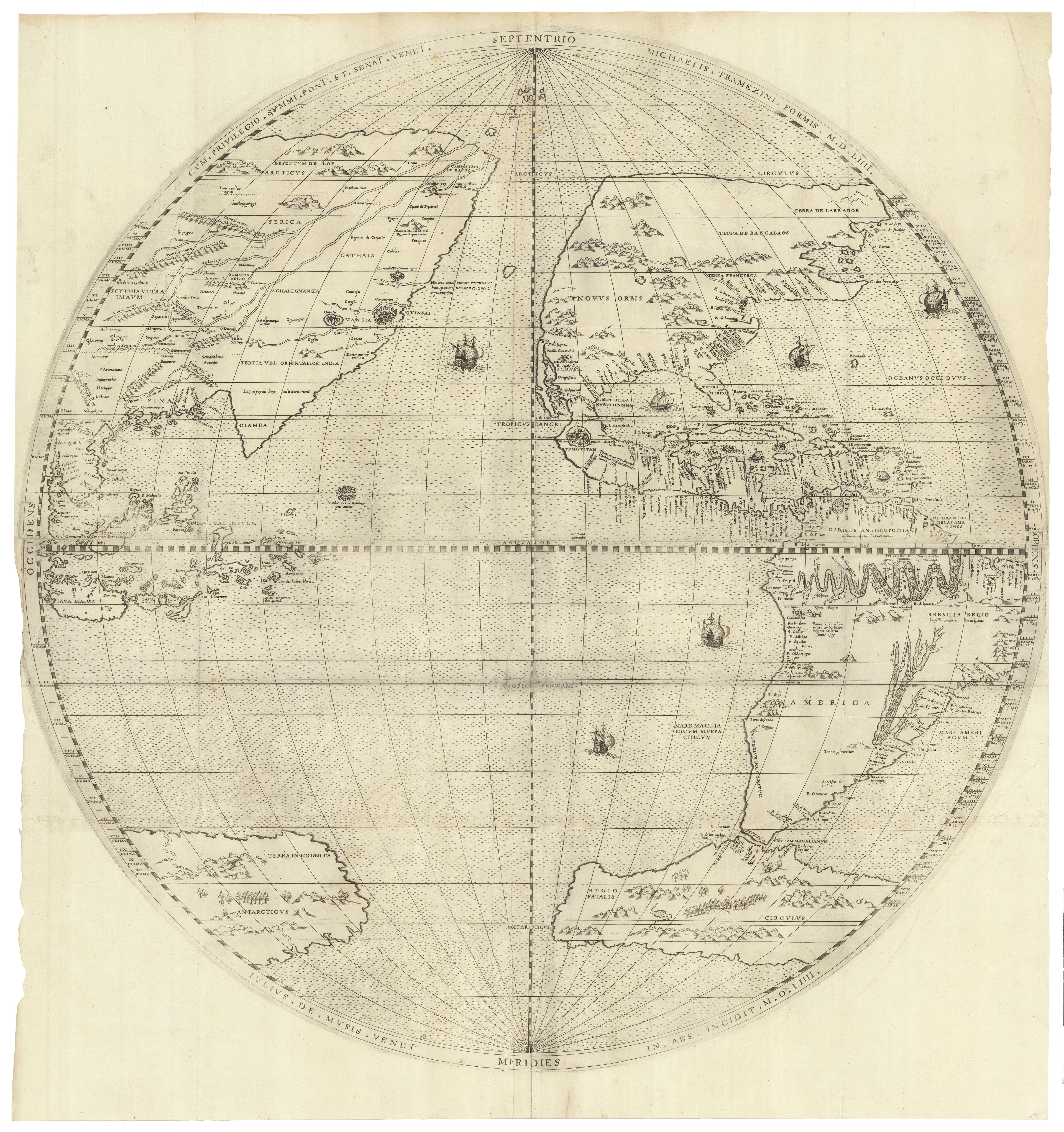 This example of a broadside shows the large Western Hemisphere map by Tramezzino. The map in finely engraved on copper plates and printed in black and white. The engraving is very fine and shows the Western hemisphere of the earth with sea monsters and ships in the ocean. The area surrounding the map is left empty.