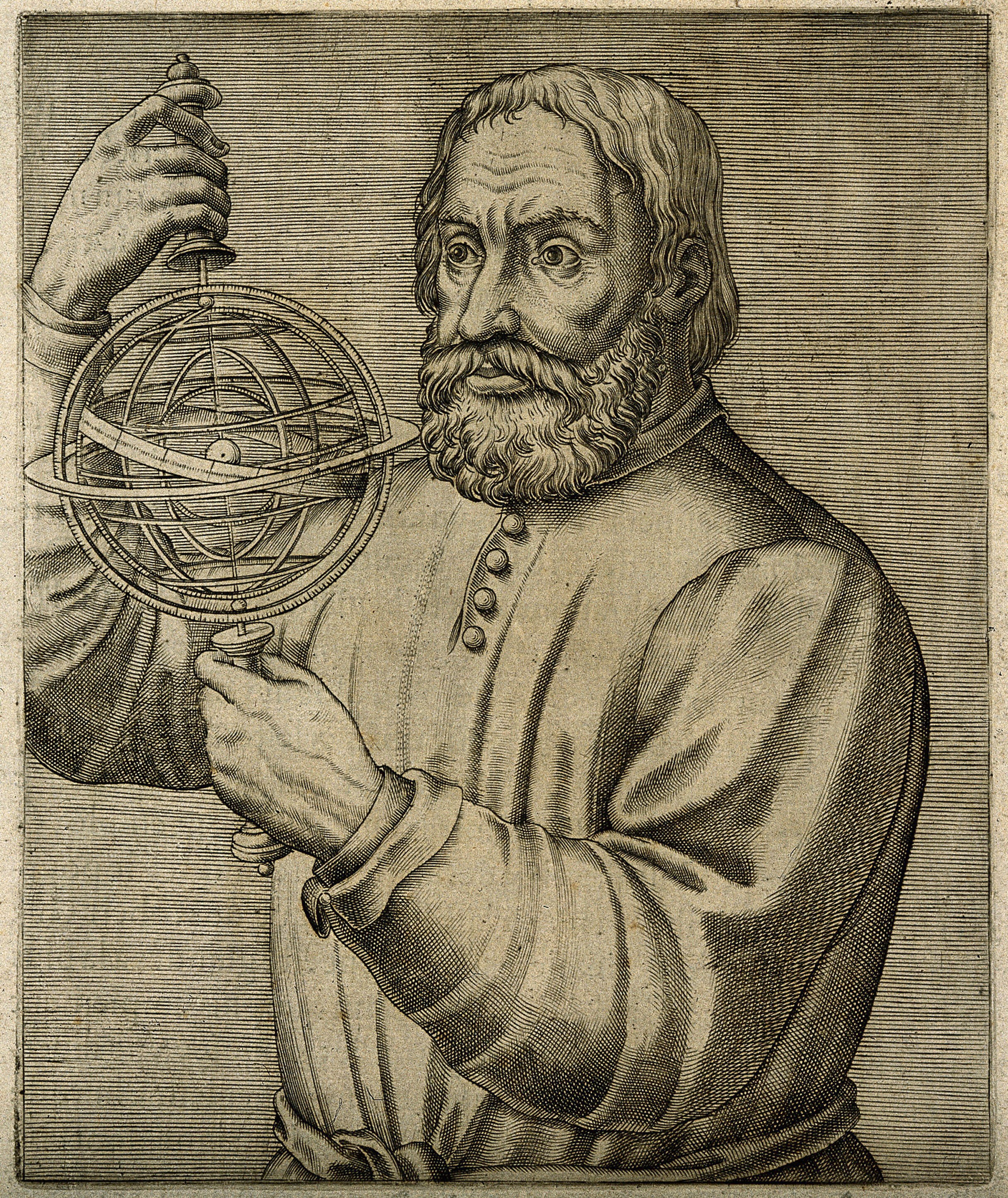 An engraving showing a bearded man holding an armillary sphere