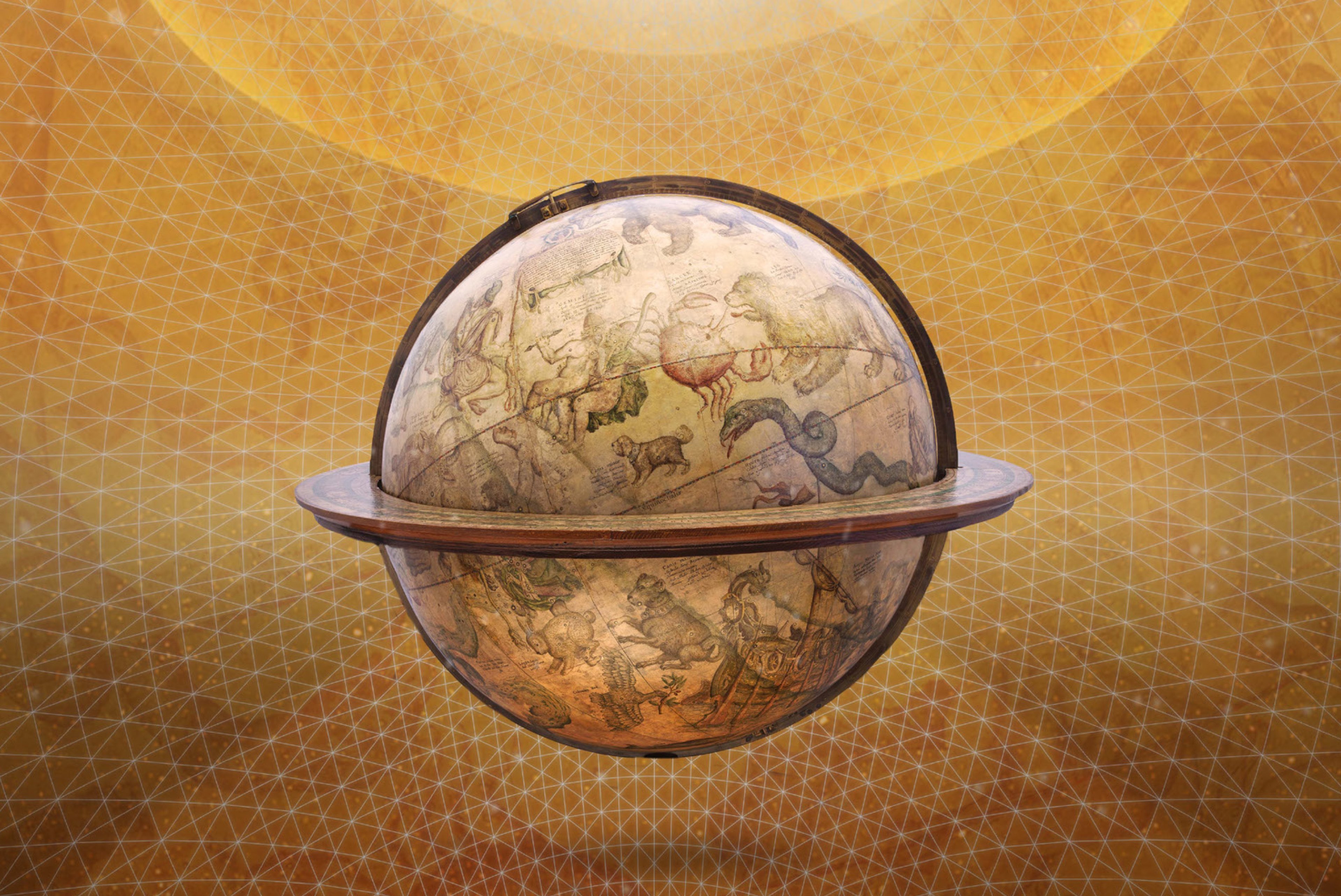 A visualisation of a globe on golden background