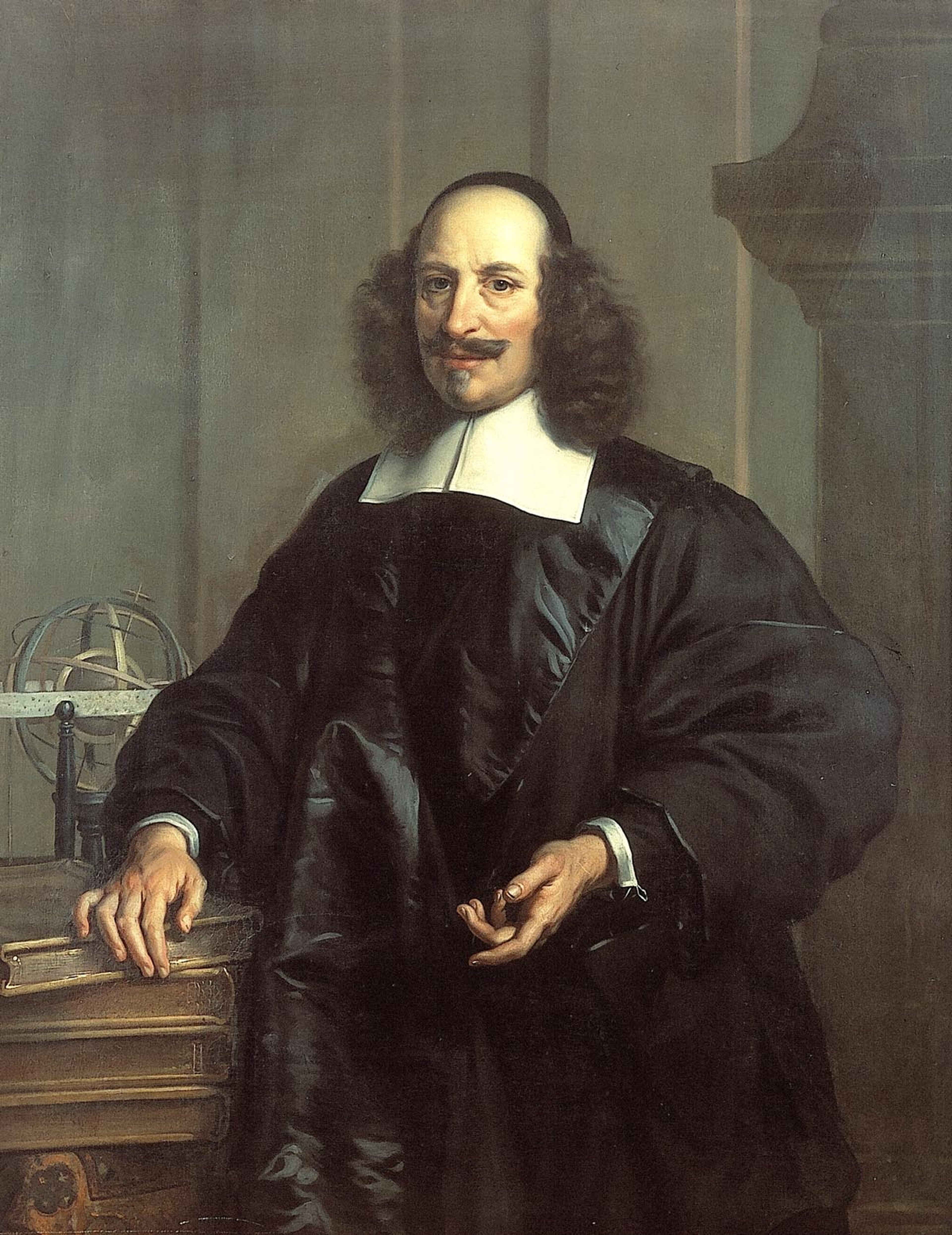 An oil painting of a man in black robes with a square, white colour leaning on a wooden desk.