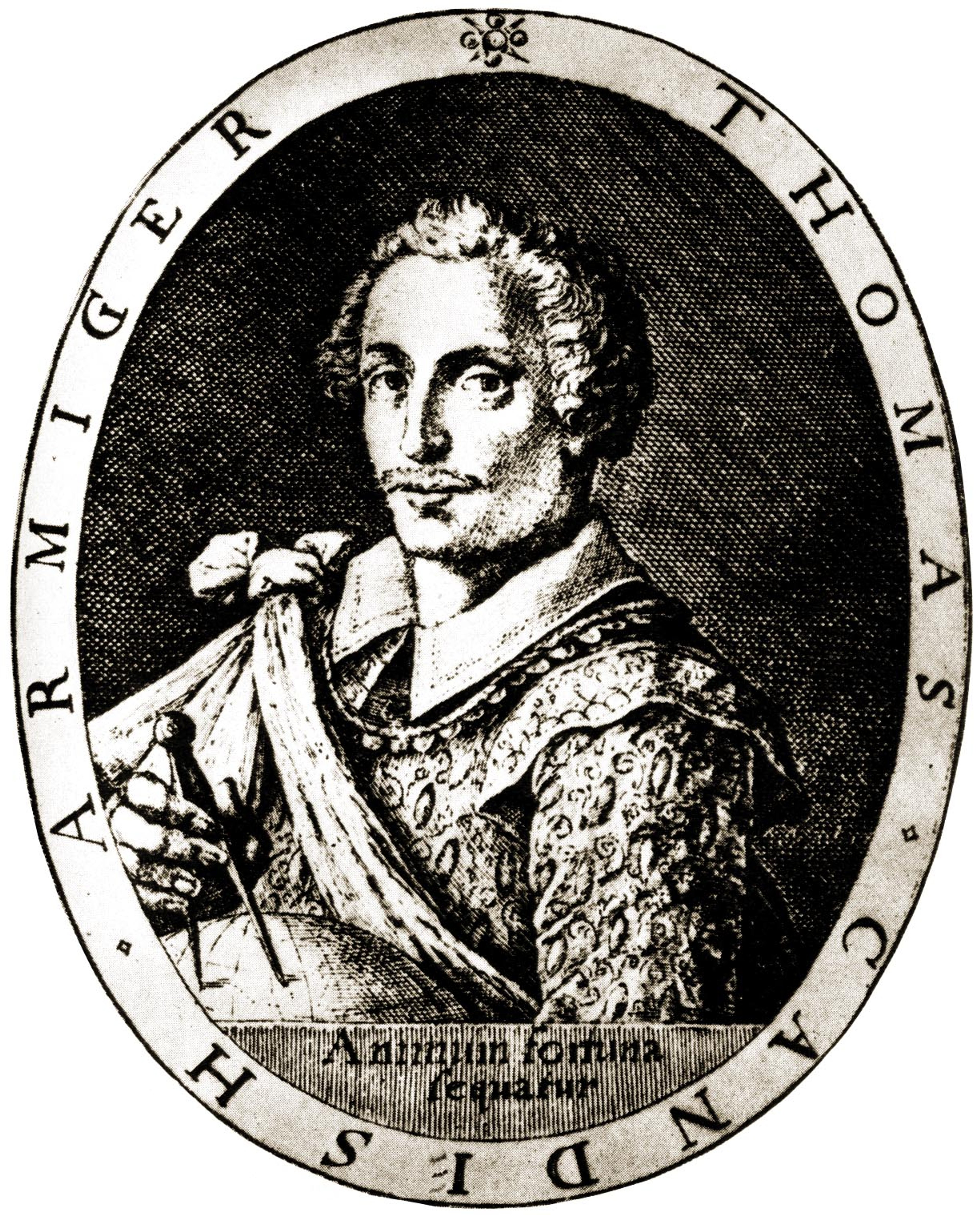 Black and white portrait of Thomas Cavendish in a frame, a man with short hair, holding a compass and a globe. Around the outside of the frame text reads: Thomas Candish Armiger