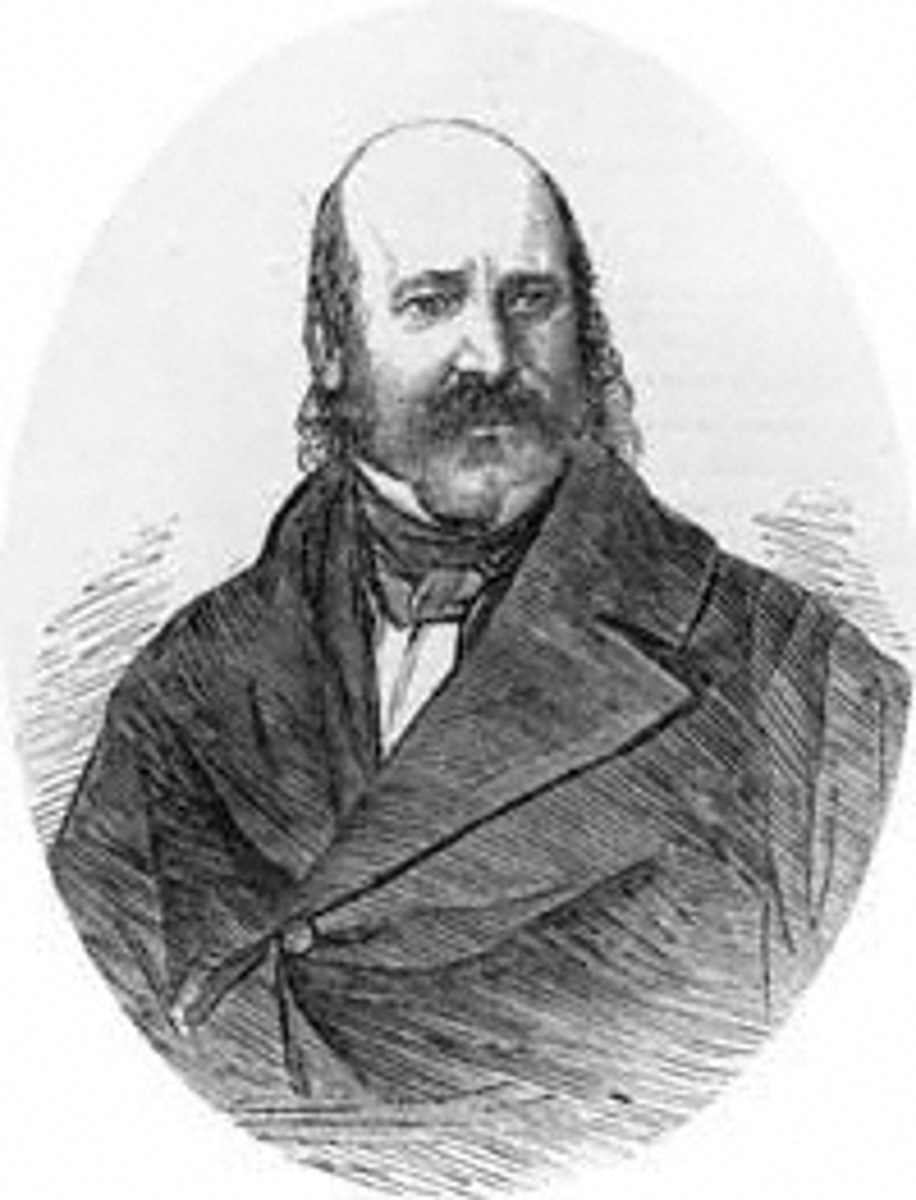 Engraving portrait of an older white man, bald on top but with ringlets of hair around the sides of his head and a large moustache. He is wearing a smart black coat, a white shirt and a cravat.