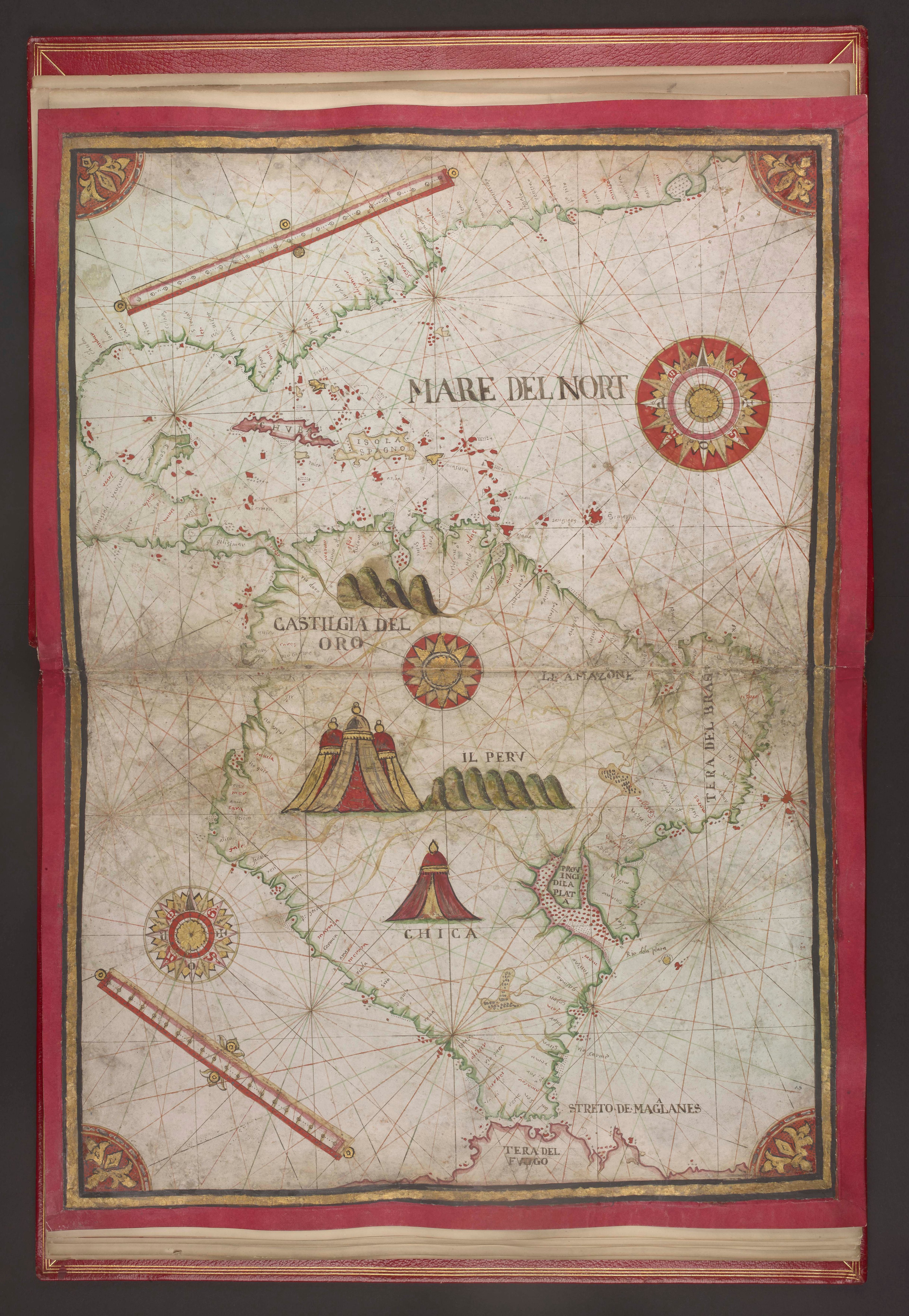 Alvise de Cadamosto map of Cape Verde with intricate illustrations in reds, golds and greens