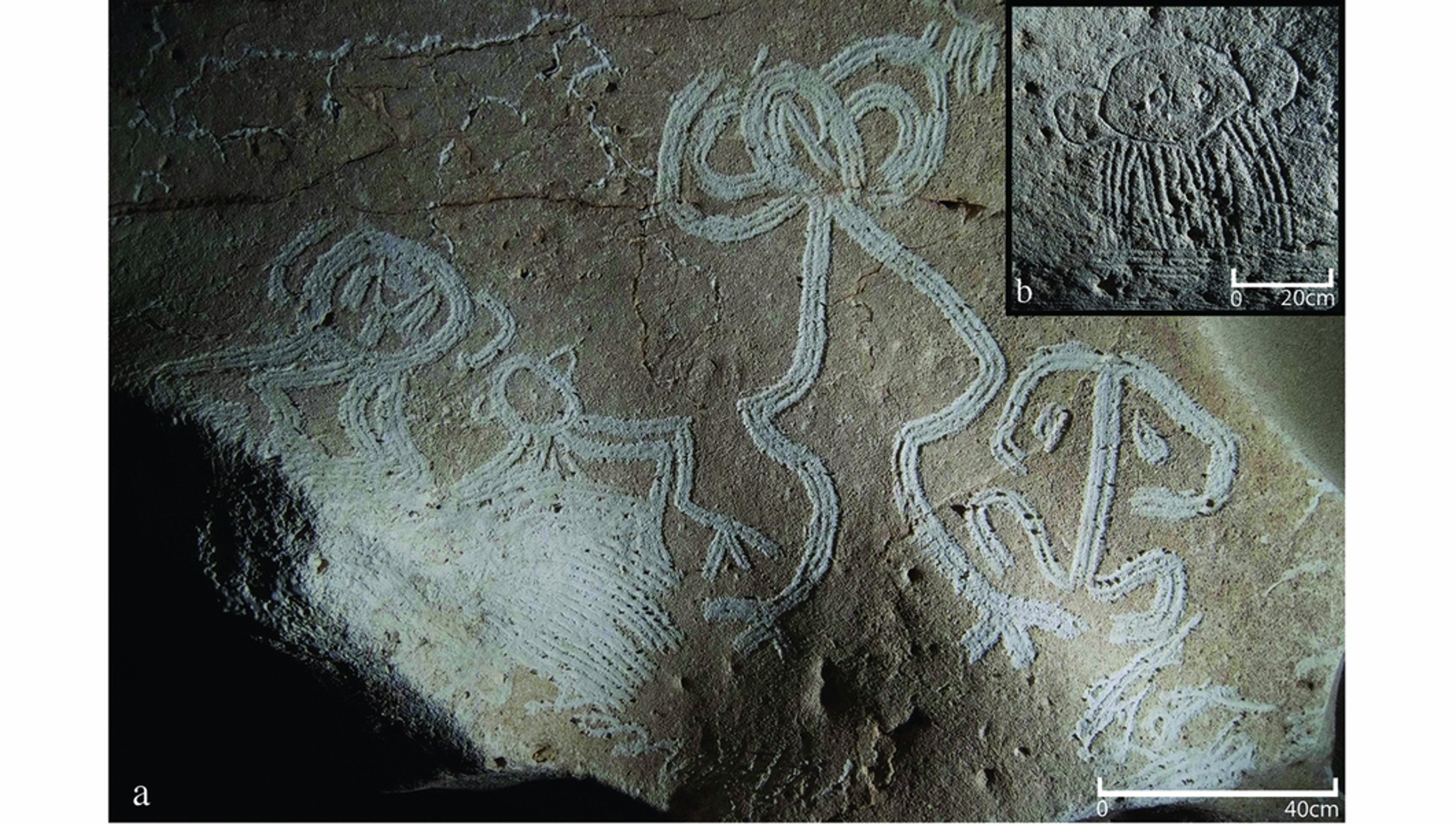 Indigenous iconography from cave 18 showing ancestral beings and anthrozoomorphic figures