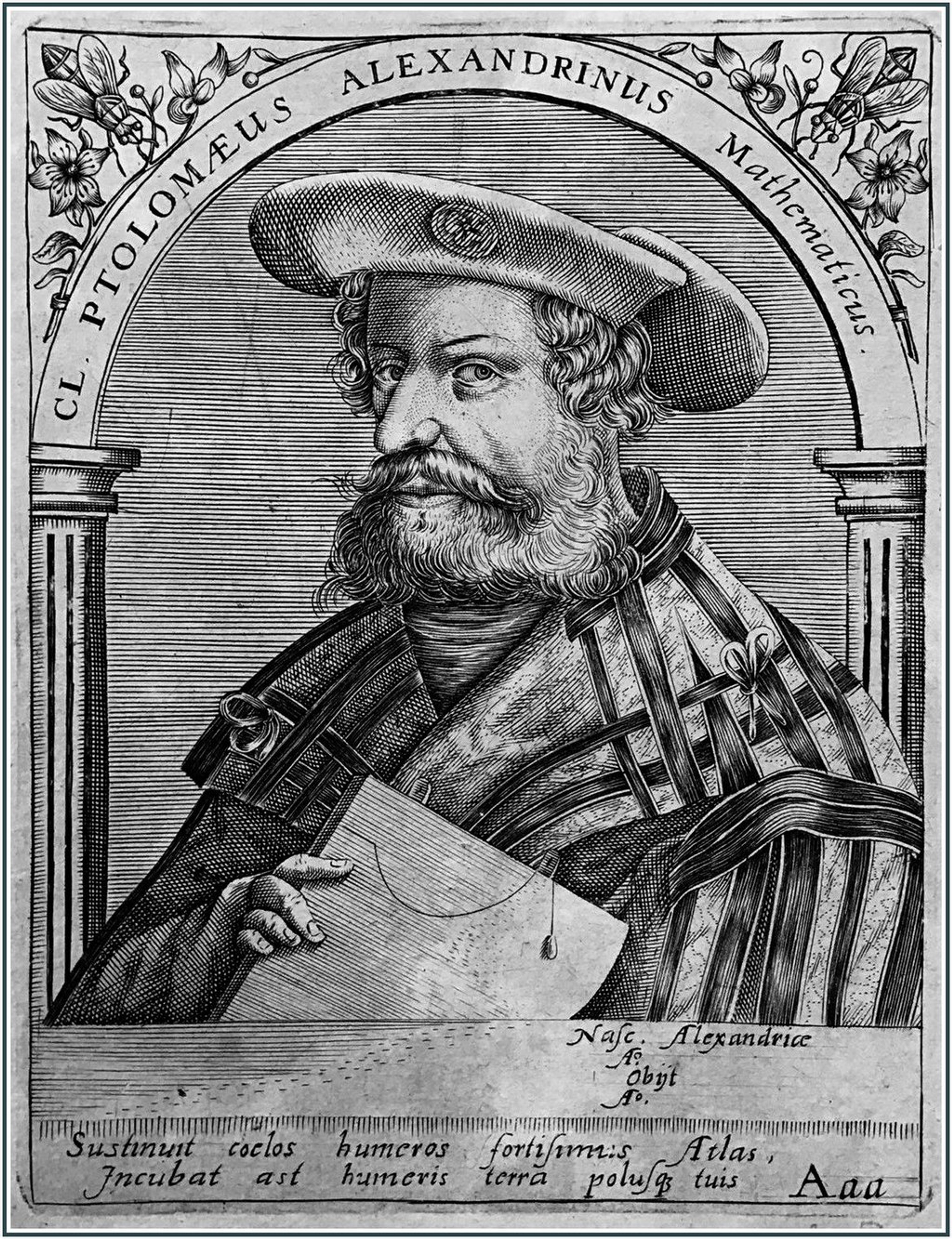 Black and white portrait of Claudius Ptolemaeus, a man with a beard and a moustache, who's wearing a robe and a hat, and holding a document in his right hand.