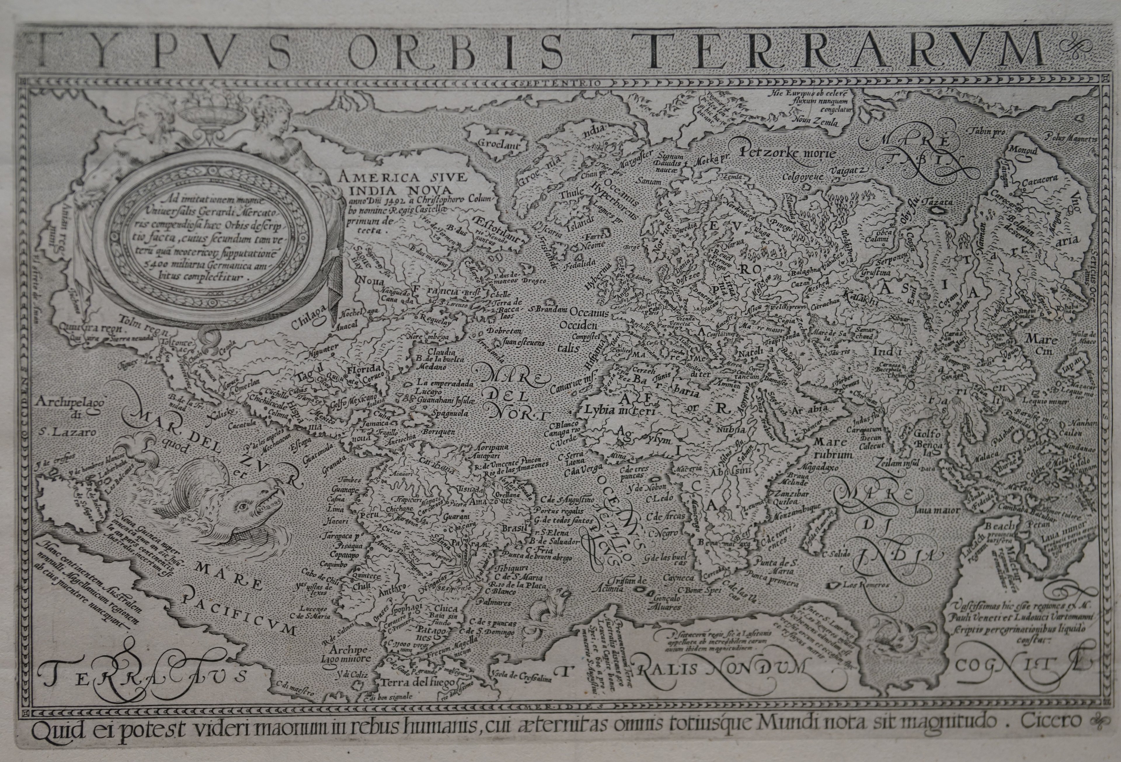 Preview of Lambert Andreas' world map with incredible details, the text along the top of the map reads: Typus Orbis Terrarum