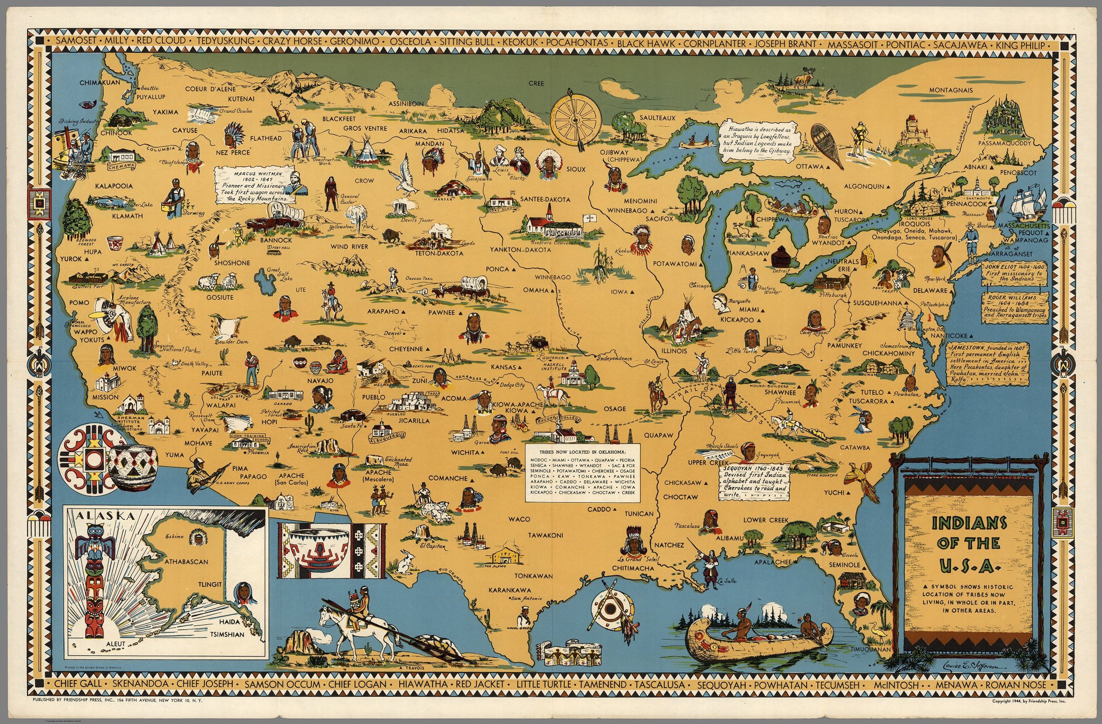 Pictorial map of the United States featuring multiple vignettes and panels celebrating Native American history and diversity. Inset map of Alaska.