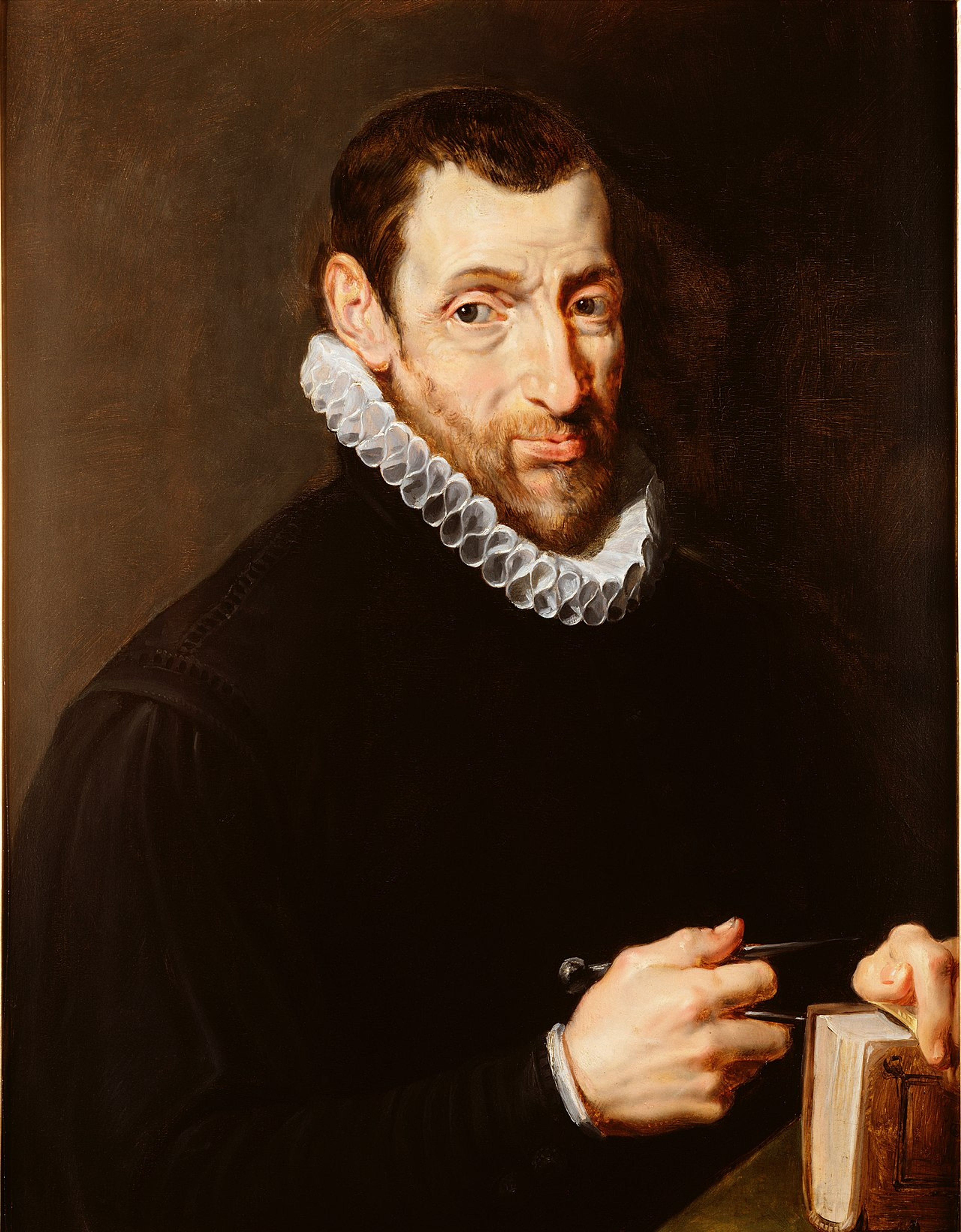 Painted portrait of Christopher Plantin, a man with short brown hair, holding a compass in his right hand and a book in his left hand.
