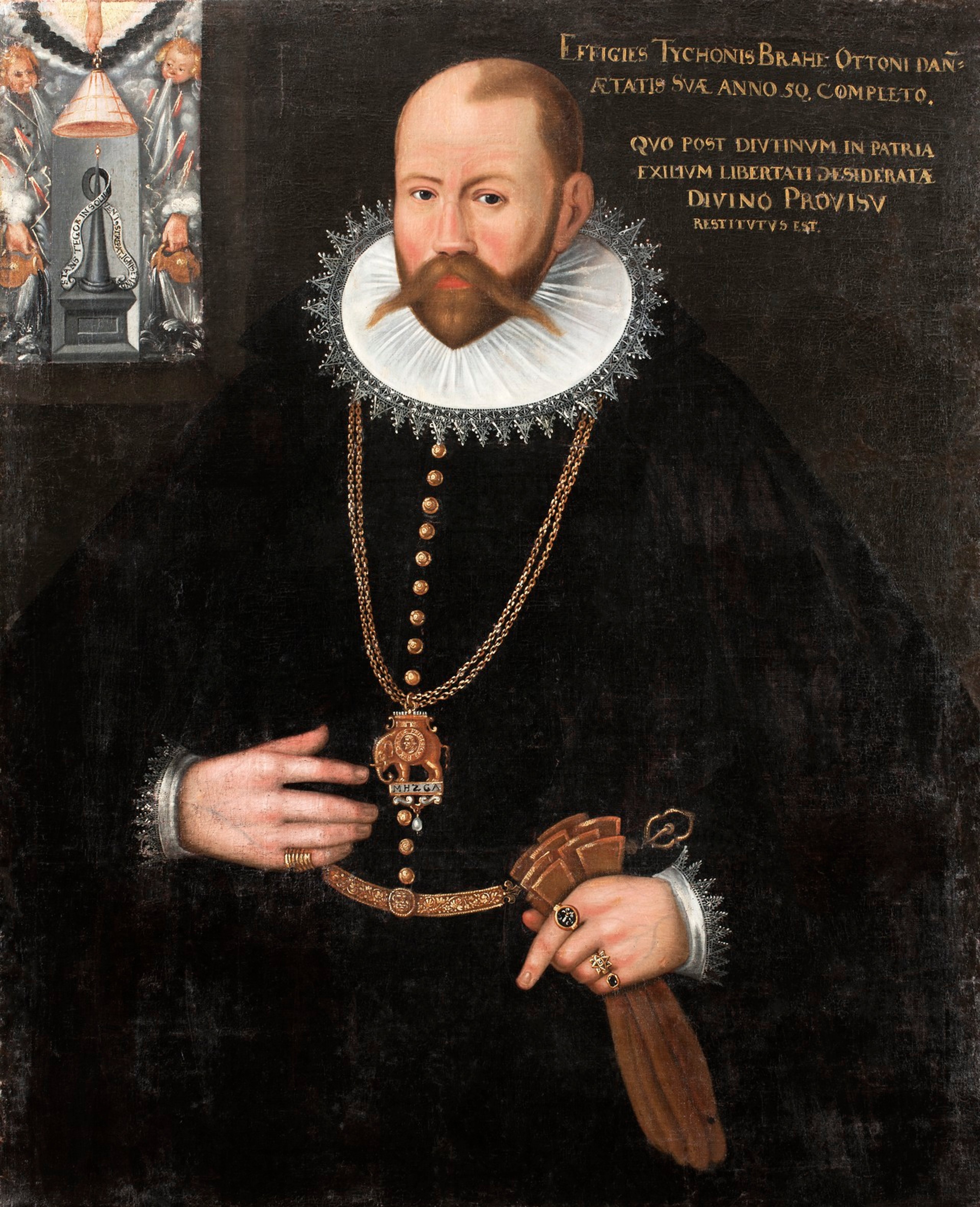 Painted portrait of Tycho Brahe, dressed in fine clothes and holding a pair of gloves in his left hand.