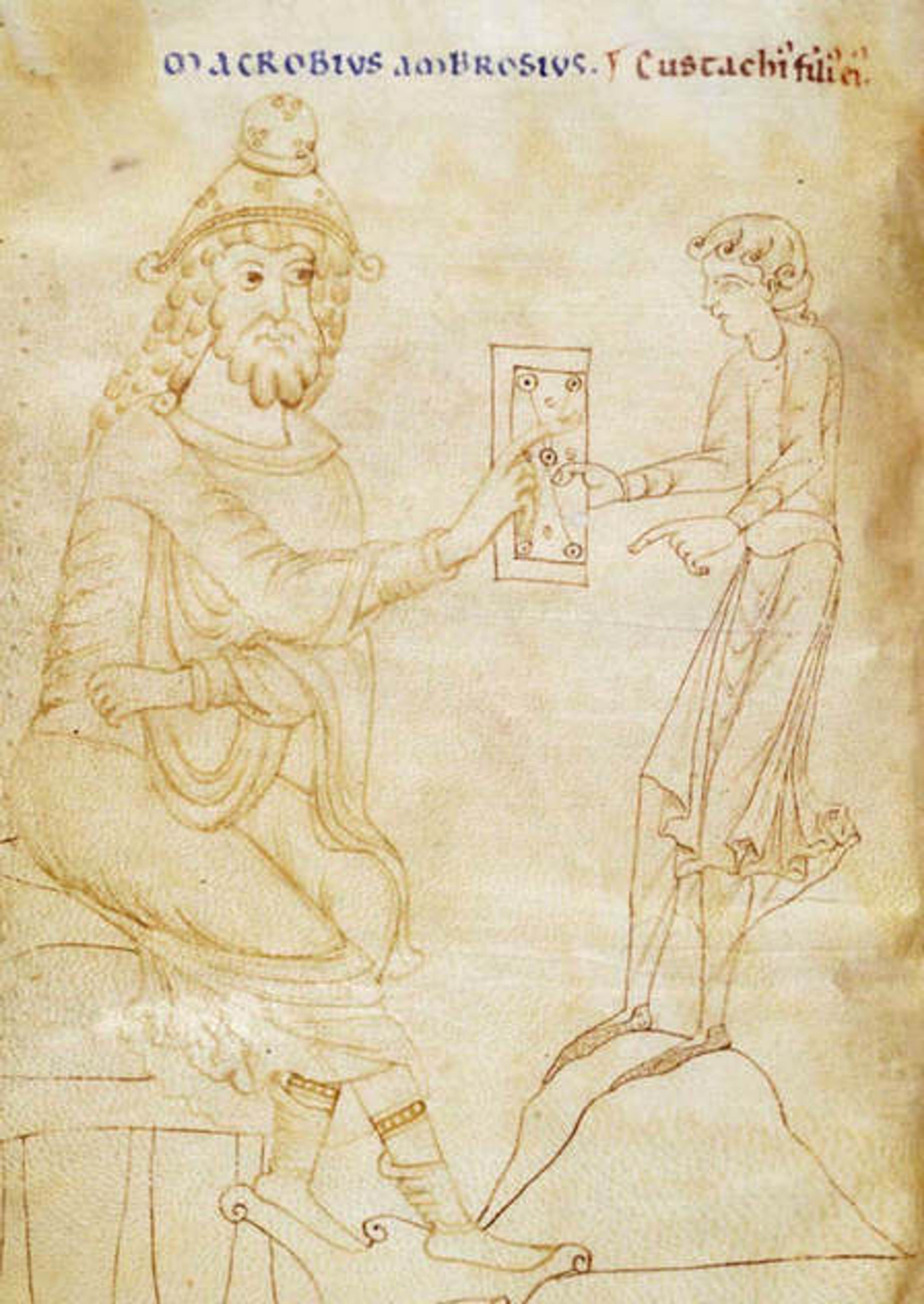 Simple full body portrait of Ambrosius Theodosius Macrobius, a man with curly hair, gesturing to a map held up by another man.