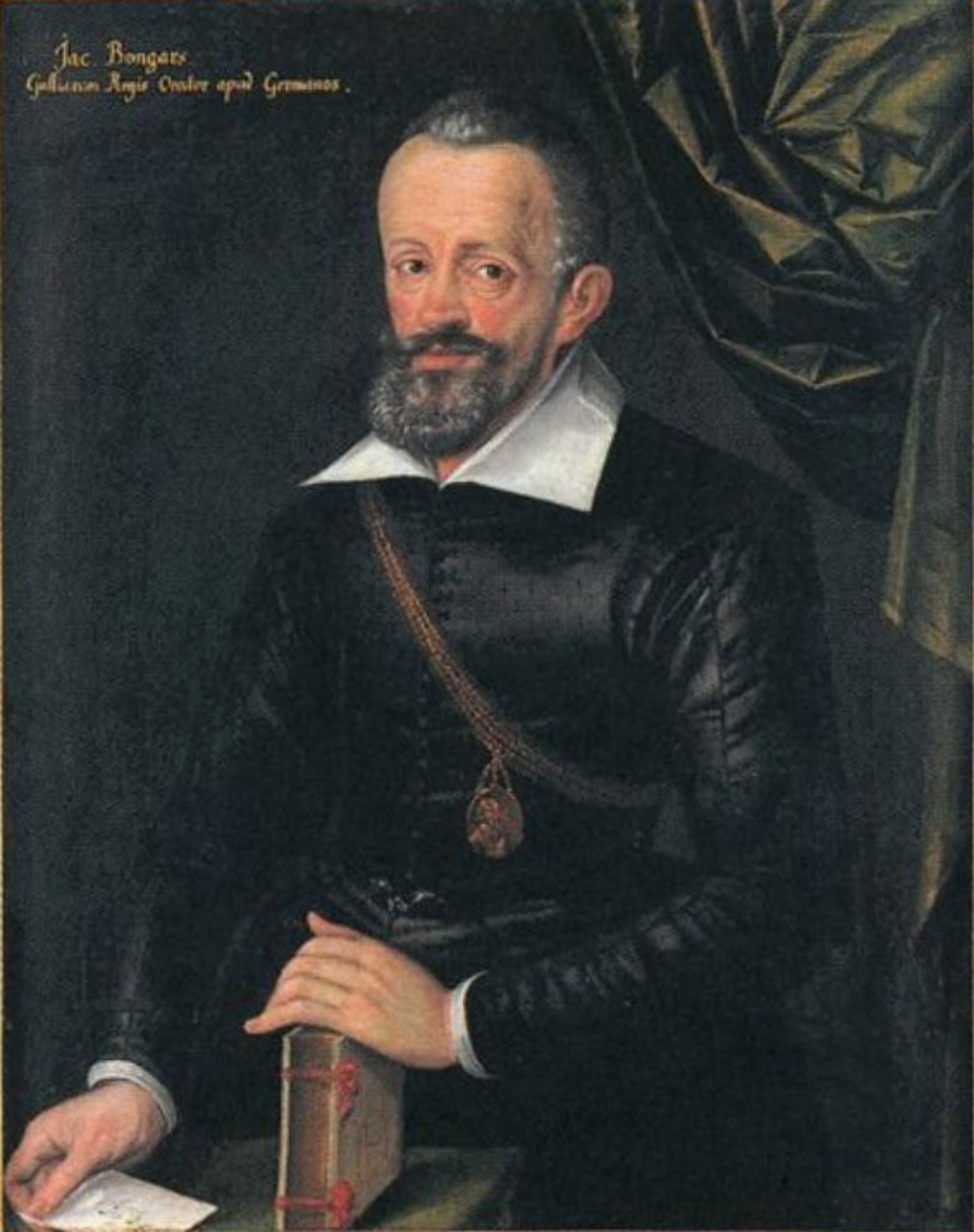 An oil painting of a Caucasian man with grey hair and beard, wearing black clothes featuring a white, square colour. He stands behind a desk that is just visible, and is holding a book in his left hand and a white piece of paper in his right hand. Green drapery decorates the top right of the painting. The subject's name is written on the top left.