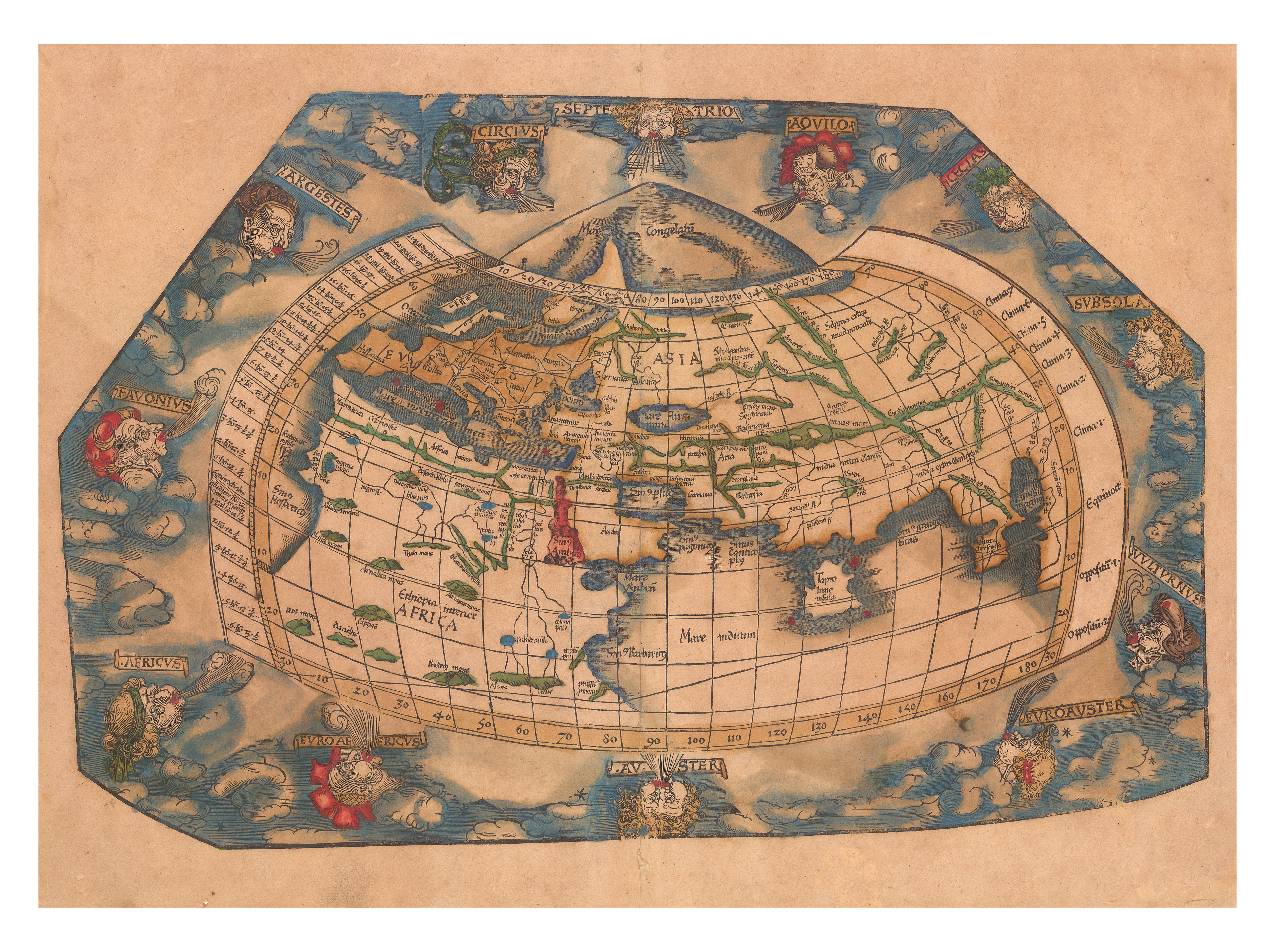 Ptolemaic Projection of a world map set against a blue sky, surrounded by clouds and 12 Windheads