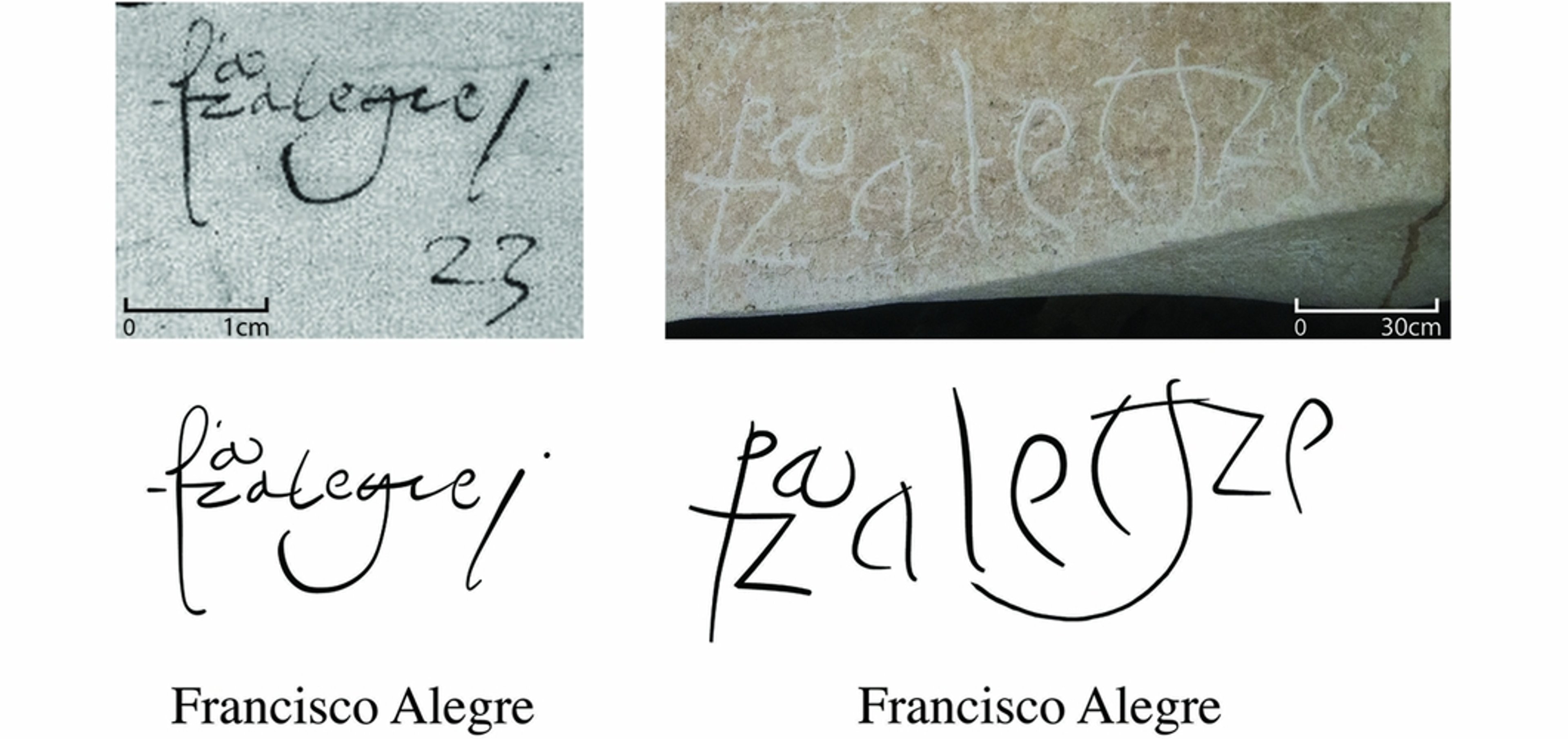 Two images comparing the inscriptions of Capitan Francisco Alegre, the Royal Official to Puerto Rico in the mid-16th Century - his name on an archival manuscript dating 1550 BC in Seville and his name carved on the cave wall on Isla de Mona.