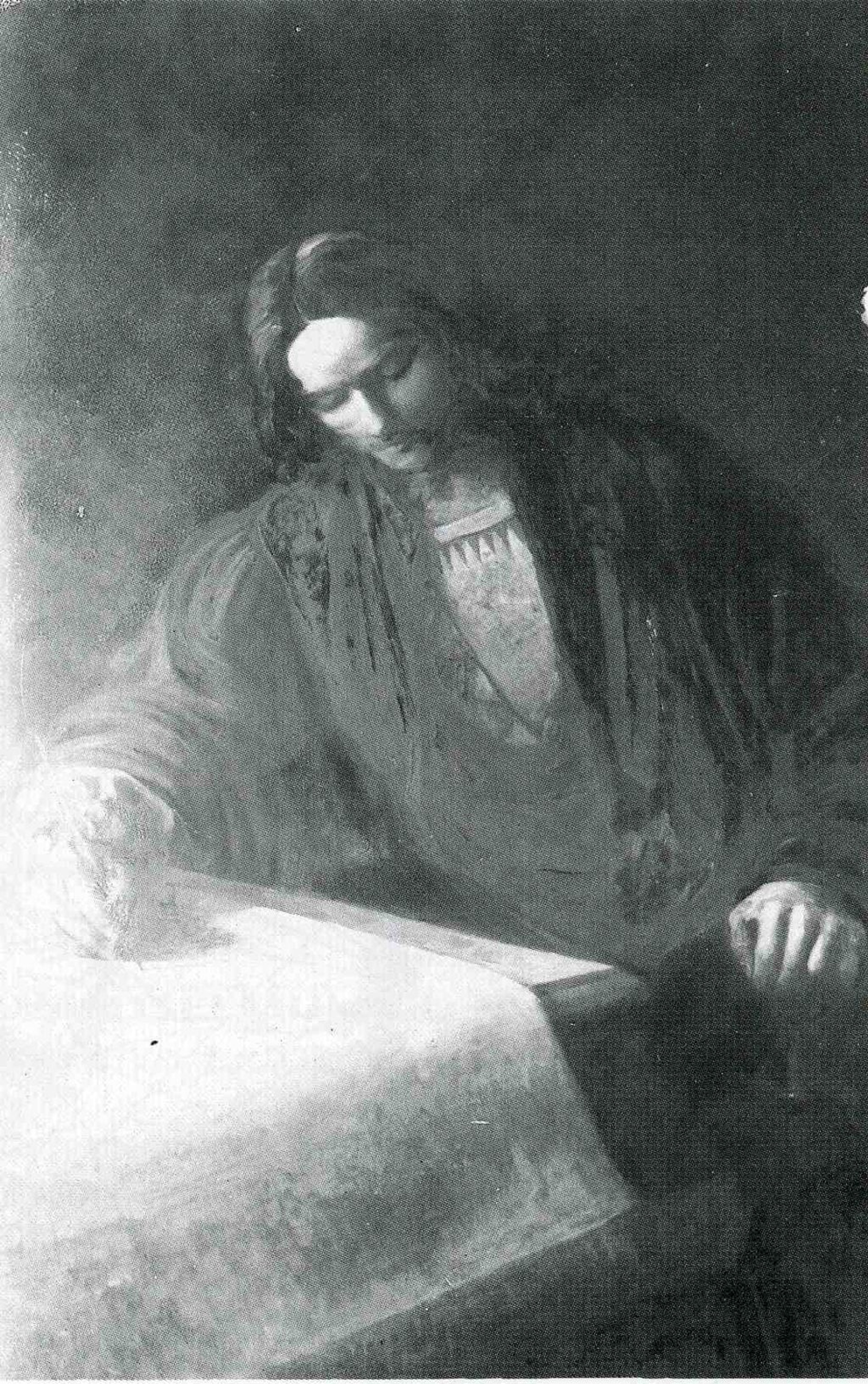 A black and white painting of Martin Waldseemüller, a man with long hair, who's looking away from the viewer and is sat down in front of a piece of parchment.