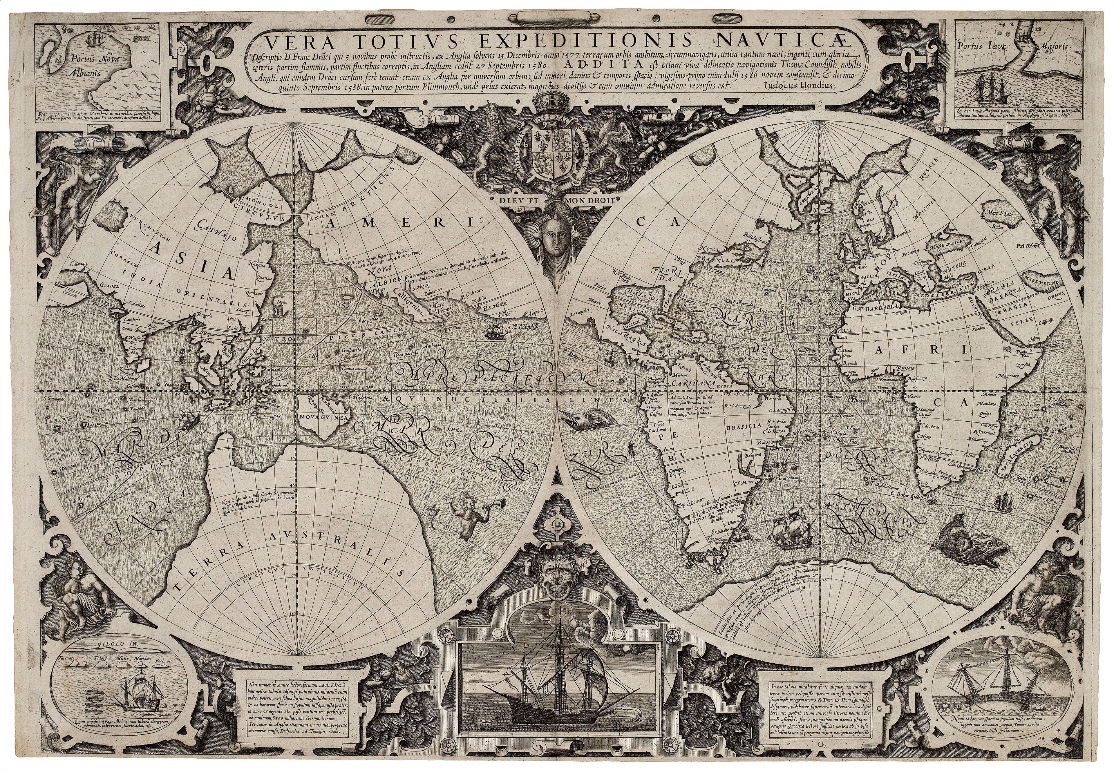 Double-hemisphere projection world map which depicts the voyages of Sir Francis Drake.