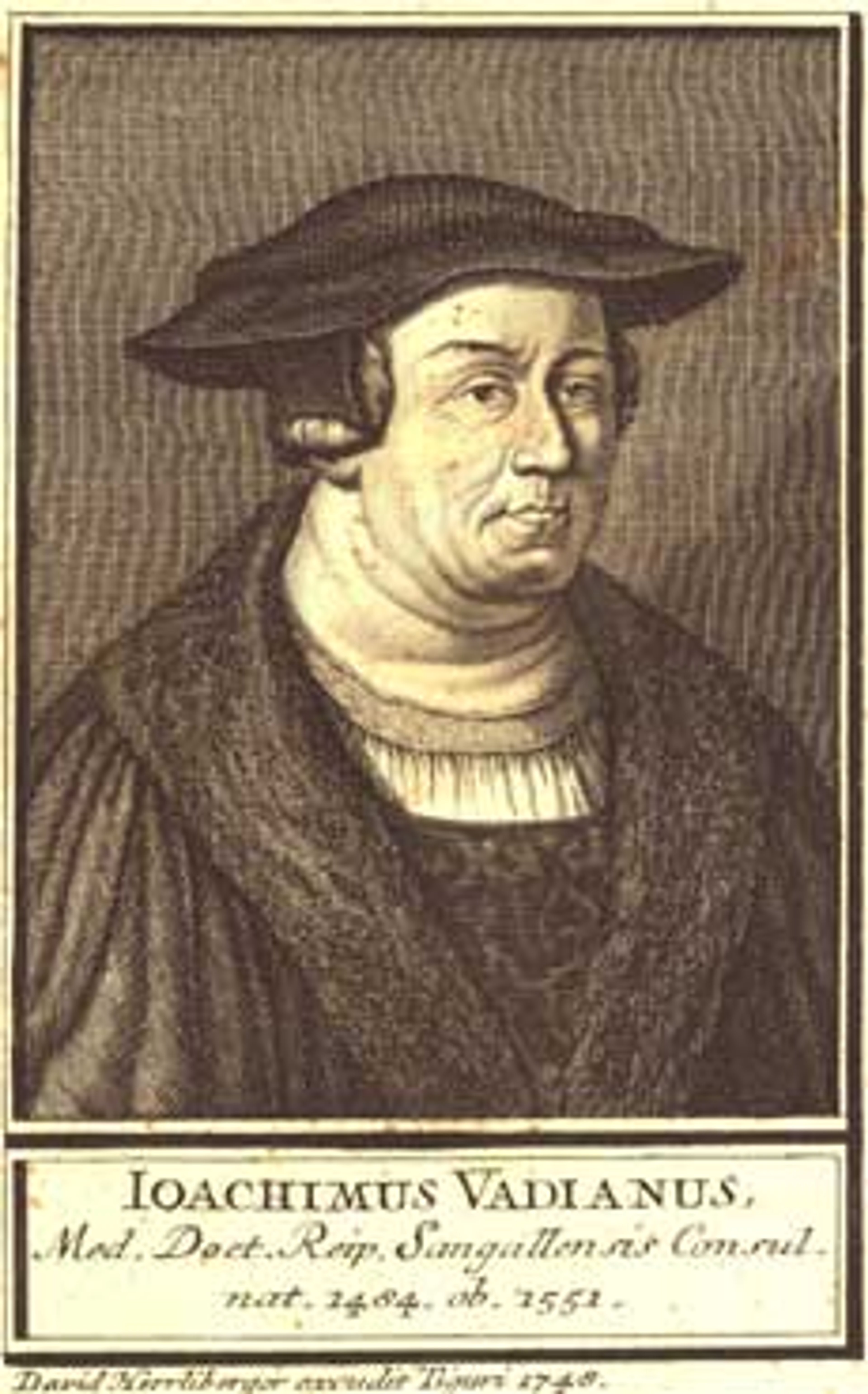 Black and white portrait of Joachim Vadianus, a man, wearing dark robes and a hat. Text at the bottom of the image reads: Ioachimus Vadianus.