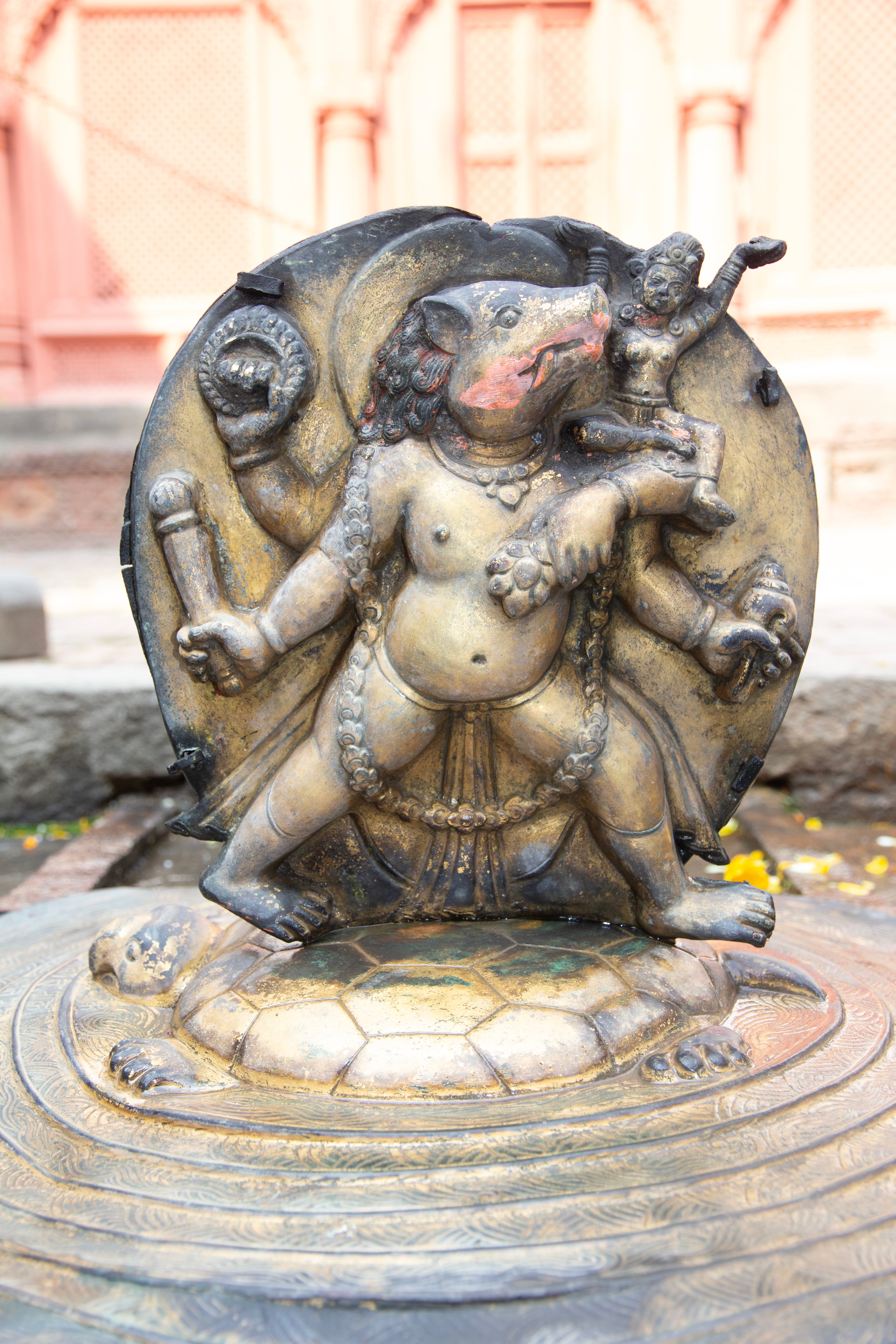 Pratapa Malla’s Boar Incarnation: The four-armed god holds a conch shell, a wheel, a club, and a lotus. He extends his right leg backward and firmly plants his bent left leg on the back of a giant turtle..