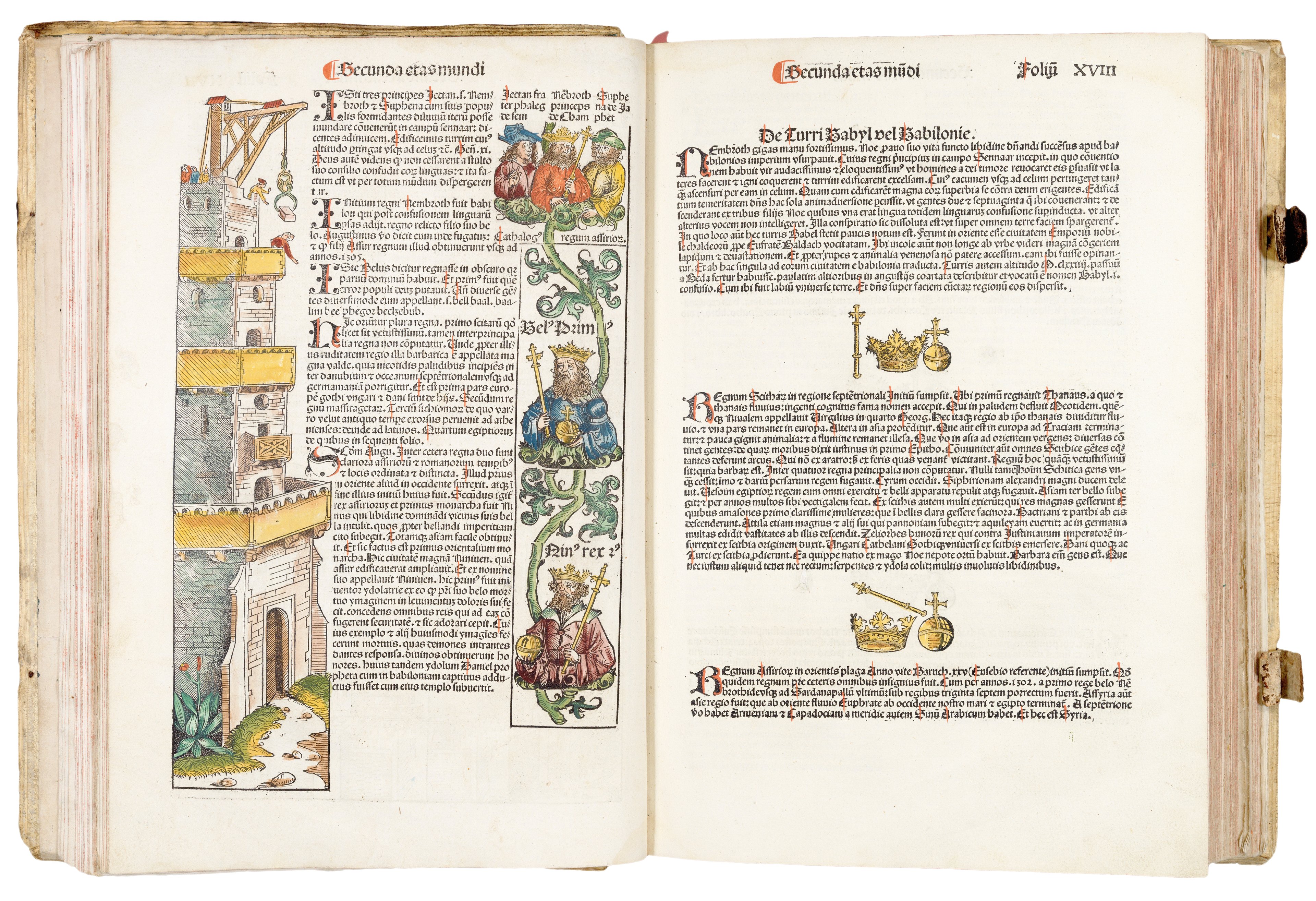 Excerpt from a chronicle: on the lefthand side, there is a drawing of a castle, with text and drawings of five people are opposite. On the right hand side, there is text separated by illustrations of crowns and sceptre.