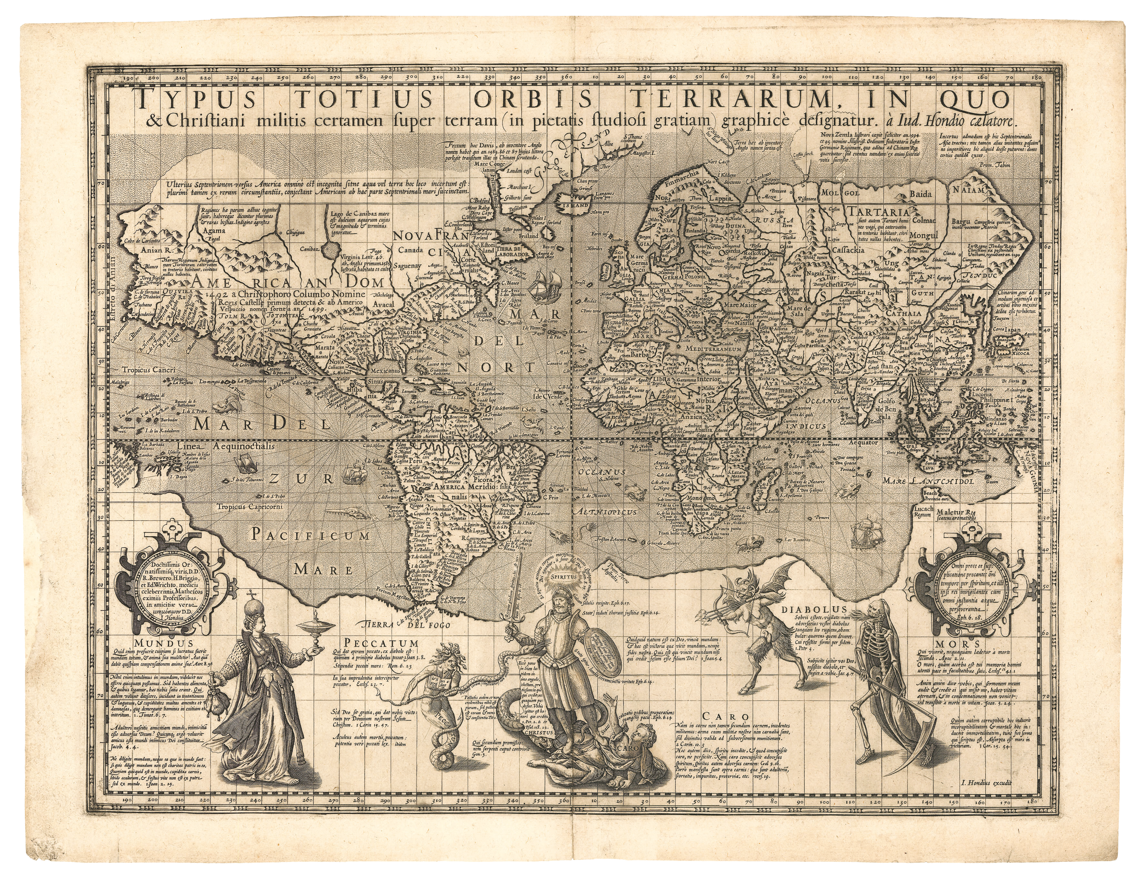 The earliest example of a true Mercator projection in a map, contained in the "Christian Knight Map". This is a black and white map engraved on copperplate. The map is very detailed and below it there is an illustration of an unidentified Christian Knight fighting sin, the devil, carnal desire.