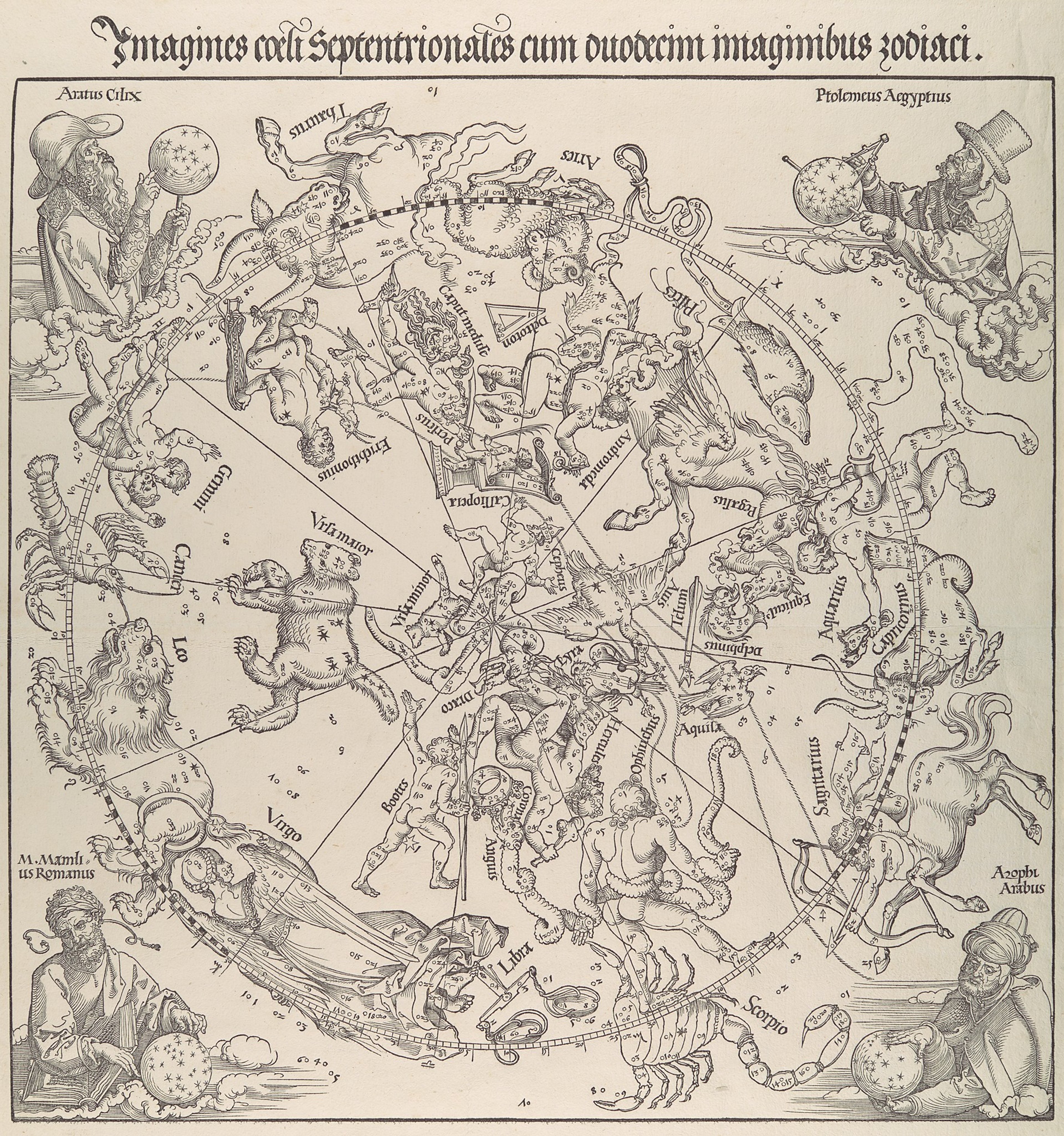 Black and white early wood cut celestial map of the Northern Hemisphere, surrounded by found portraits of early astronomers. Gothic lettering title.
