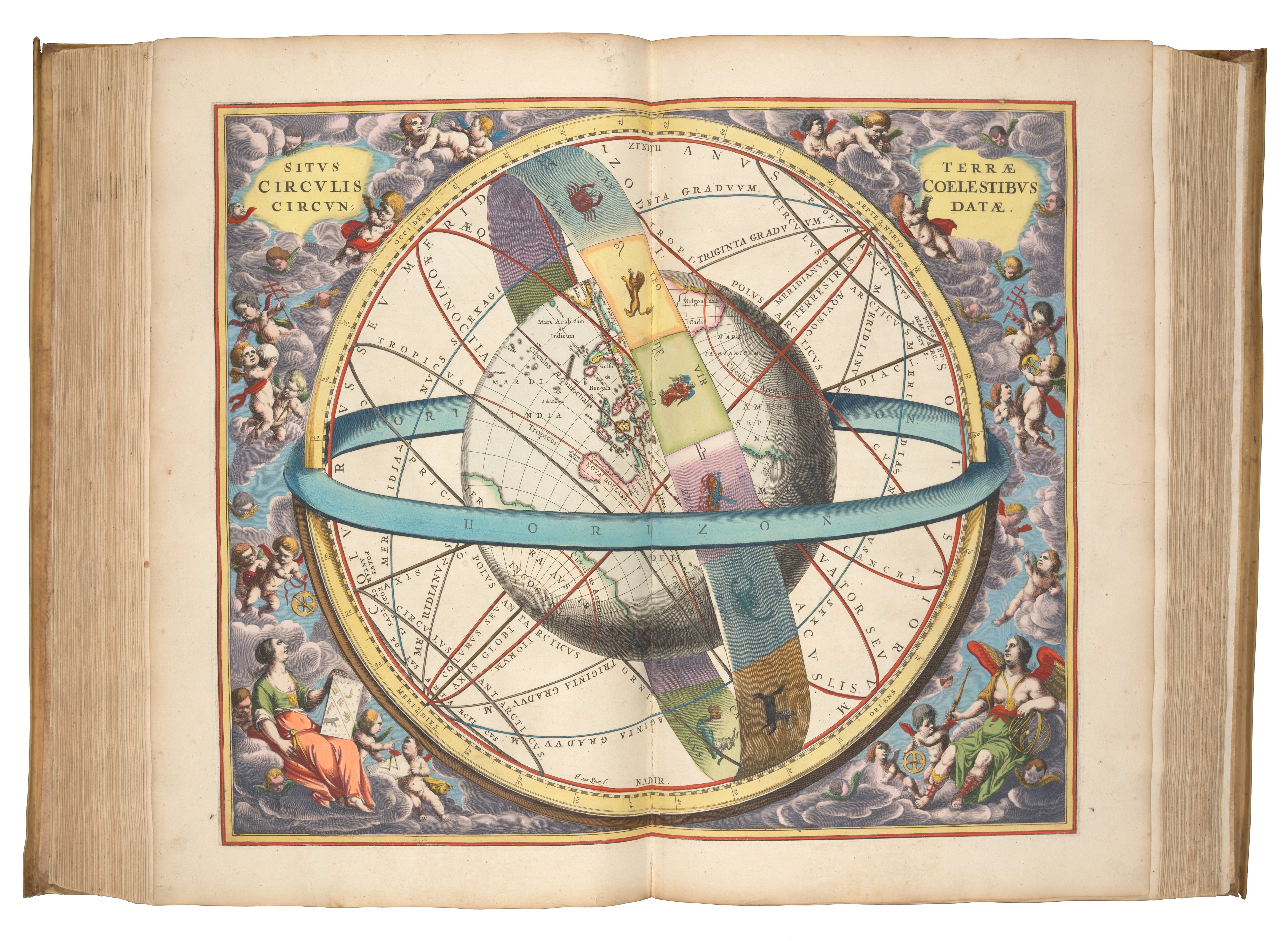A coloured, copperplate illustration of the Earth surrounded by clouds and cherubs. A band of the Zodiac star signs is depicted around the middle of the Earth's sphere.