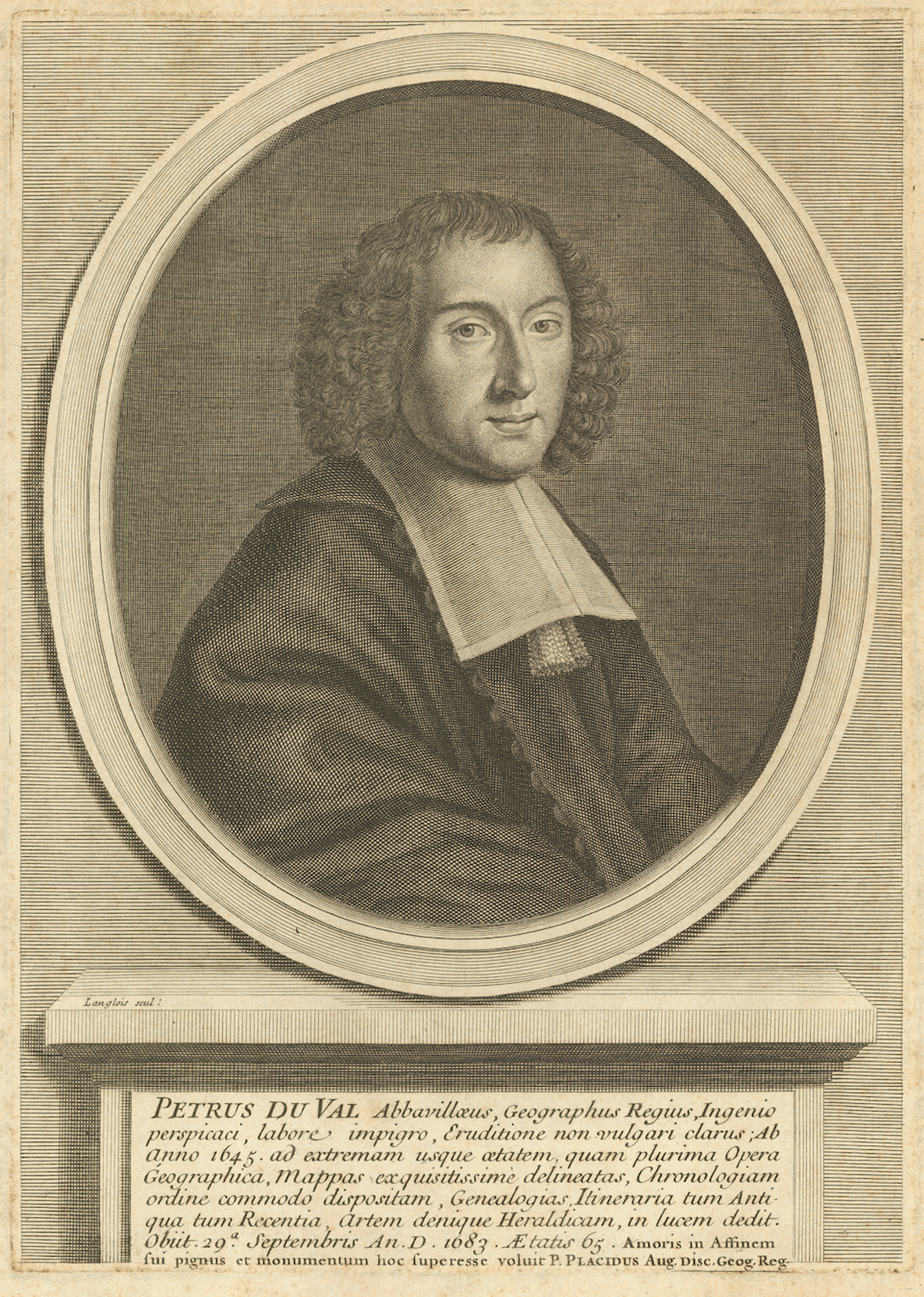 Black and white portrait of Pierre Duval, a man with shoulder length curly brown hair, wearing dark robes.