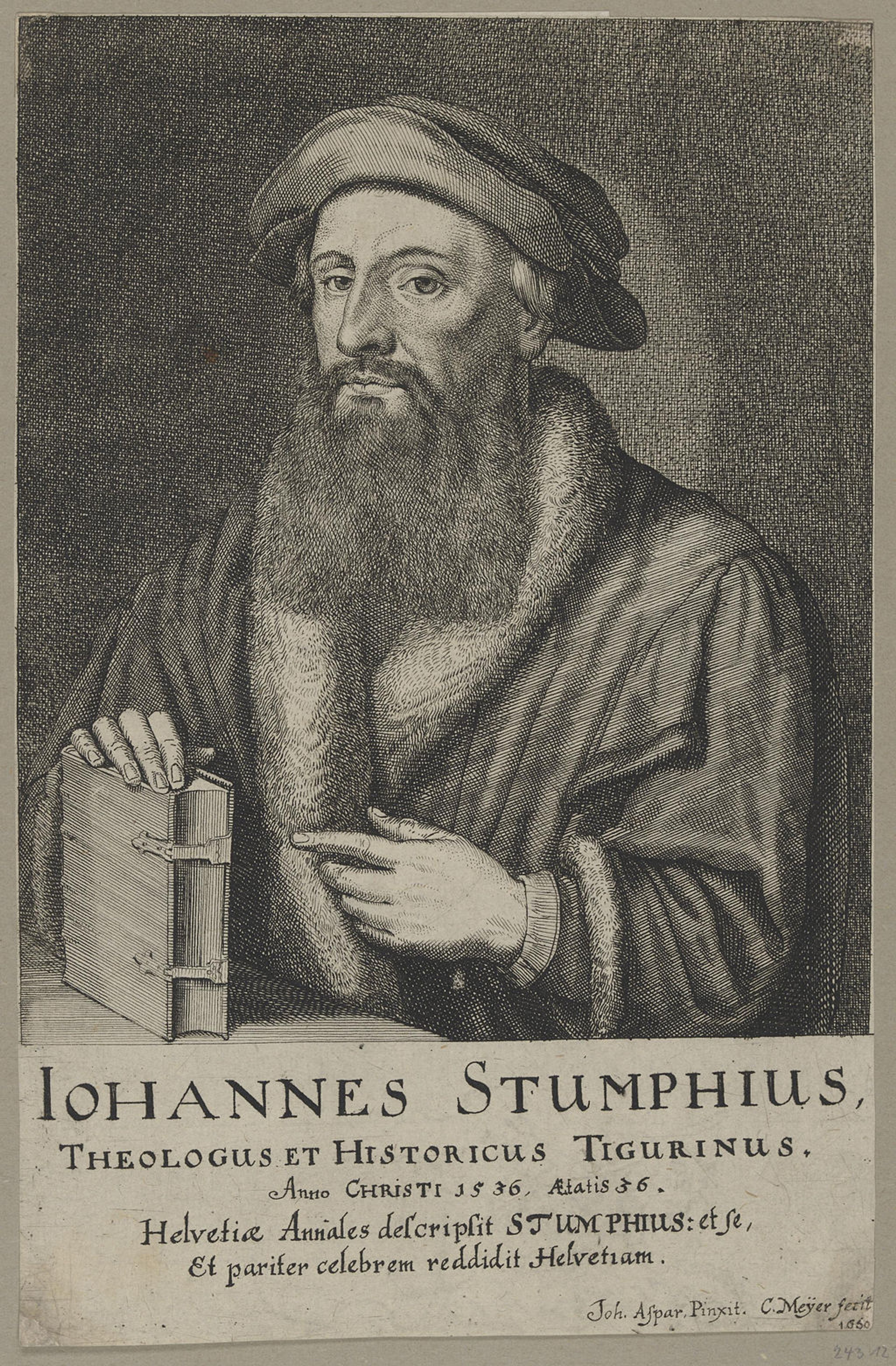 Black and white portrait of Johannes Stumpff, a man with a long beard and a hat, with text that reads: Iohannes Stumphius, Theologus et Historicus Tigurinus.