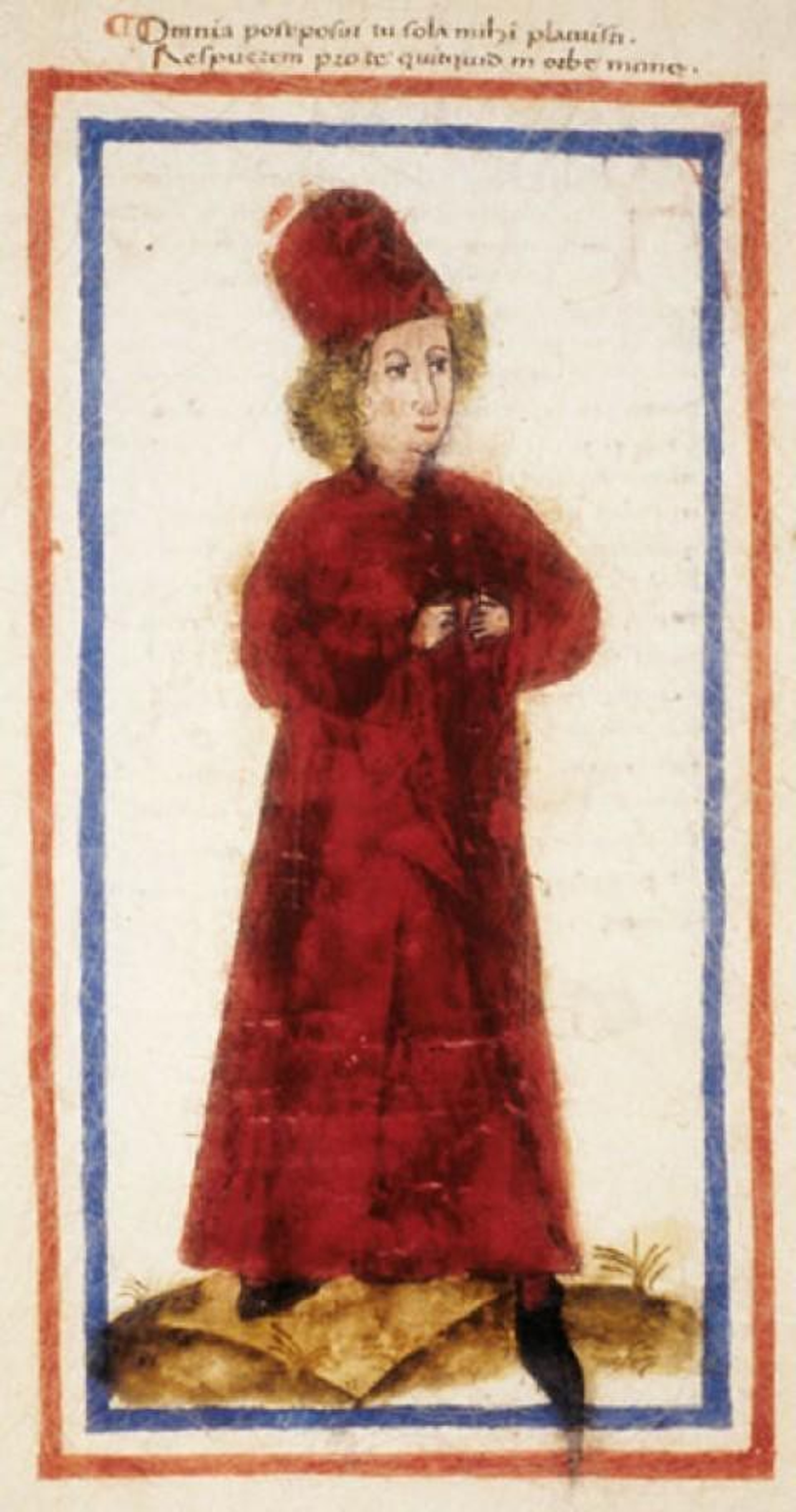 Full body portrait of Hartmann Schedel, a man with long blonde hair, wearing a red robe and hat.