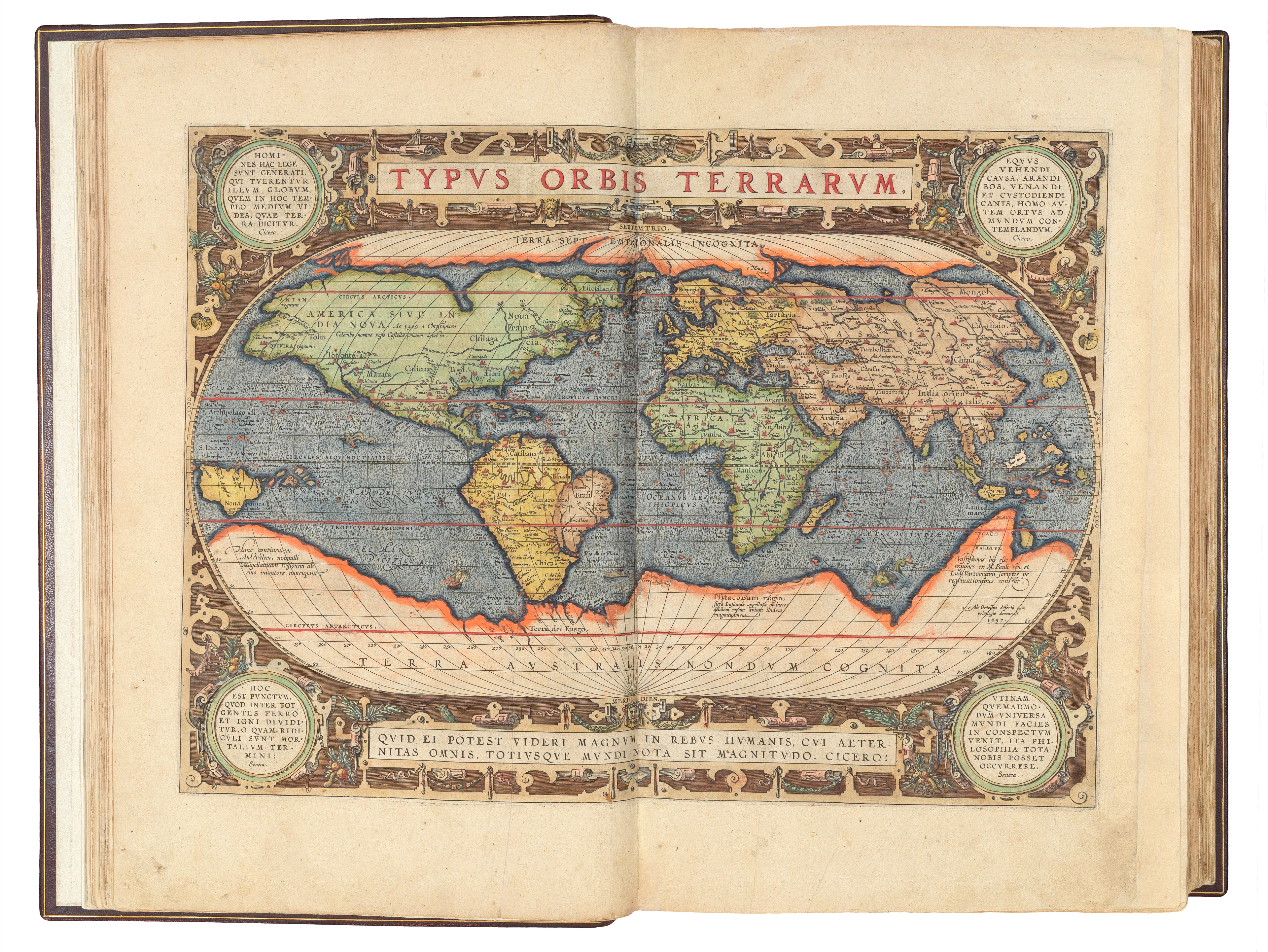 The world map from Ortelius' famous atlas. The map is on an oval projection and in original hand colour. The Earth is depicted surrounded by clouds.
