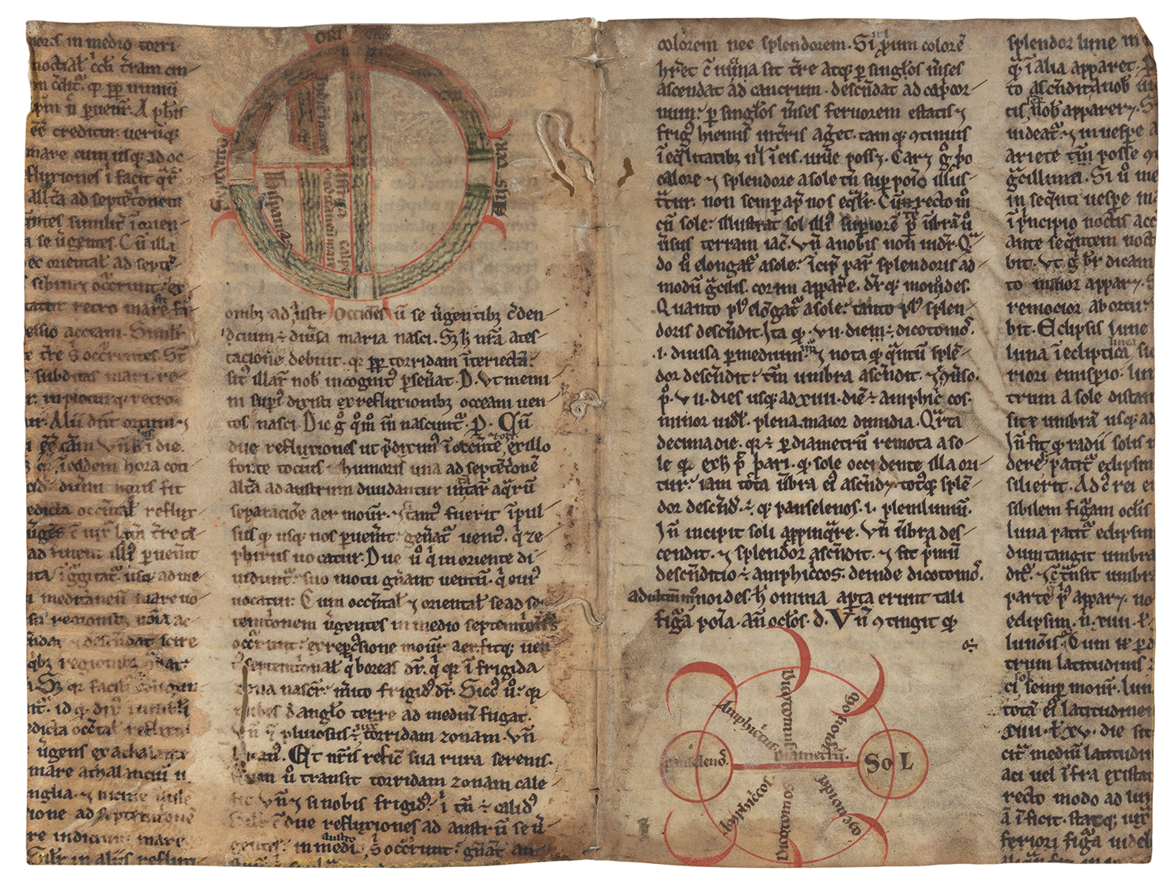 Manuscript page containing two maps: a T-O world map and a diagram of lunar eclipses. The world map is lightly colored and the lunar diargam is black and white. The page is hand-written and was taken from William de Conches.