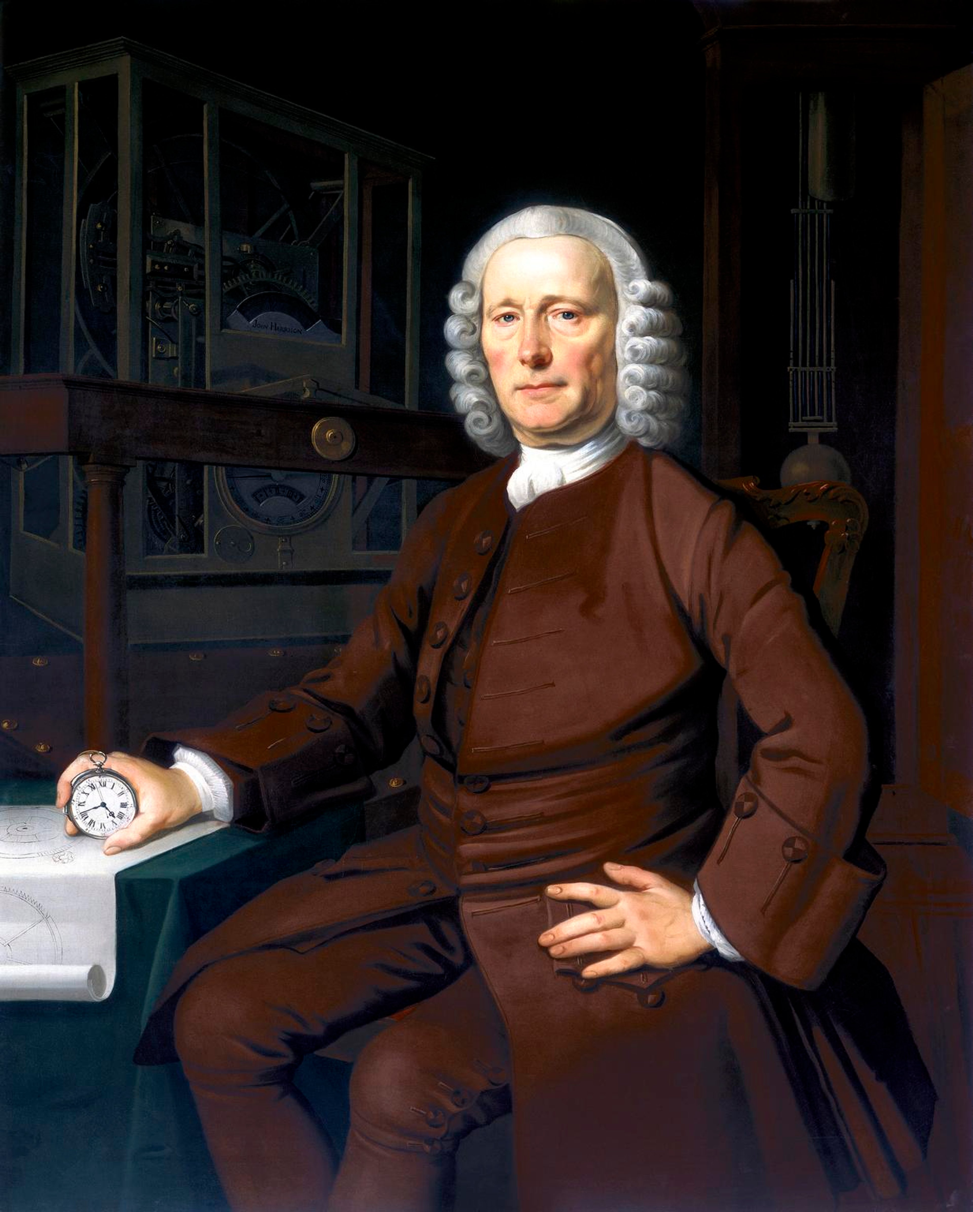 Oil painting of John Harrison, an older white man in a smart brown suit with a grey wig on. He is holding his famous invention, the marine chronometer.