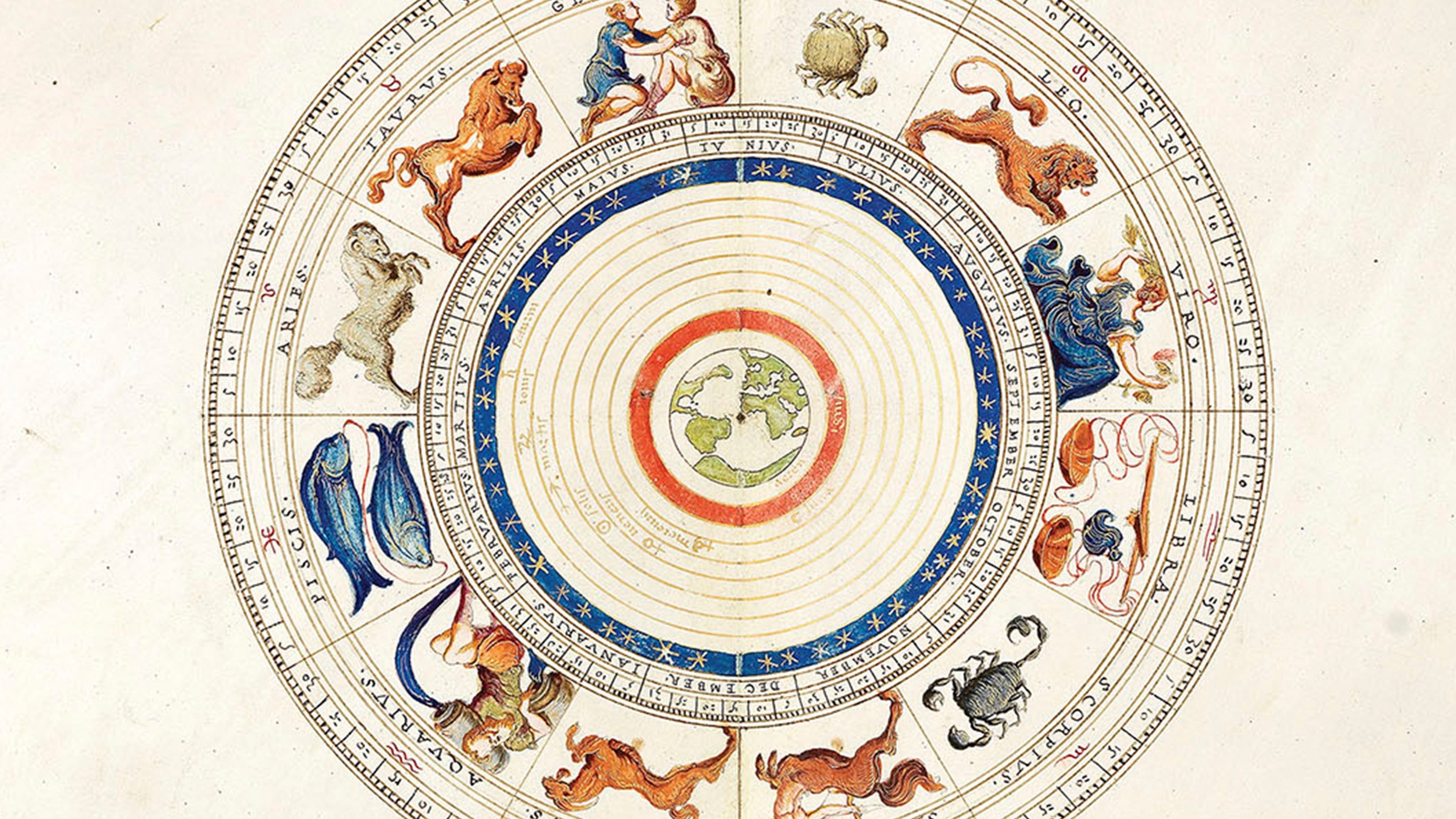 A coloured diagram of the world surrounded by the stars and the zodiac, in rich detail, painted on vellum.